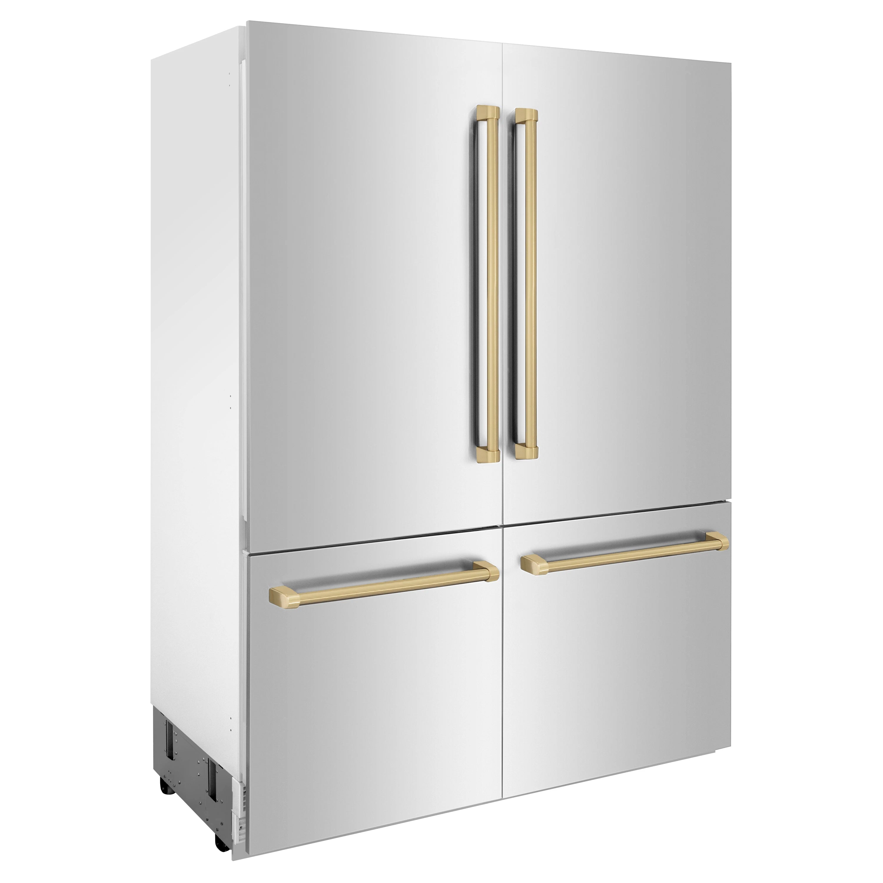 3D render of stainless French door refrigerator with champagne bronze handles and base vents