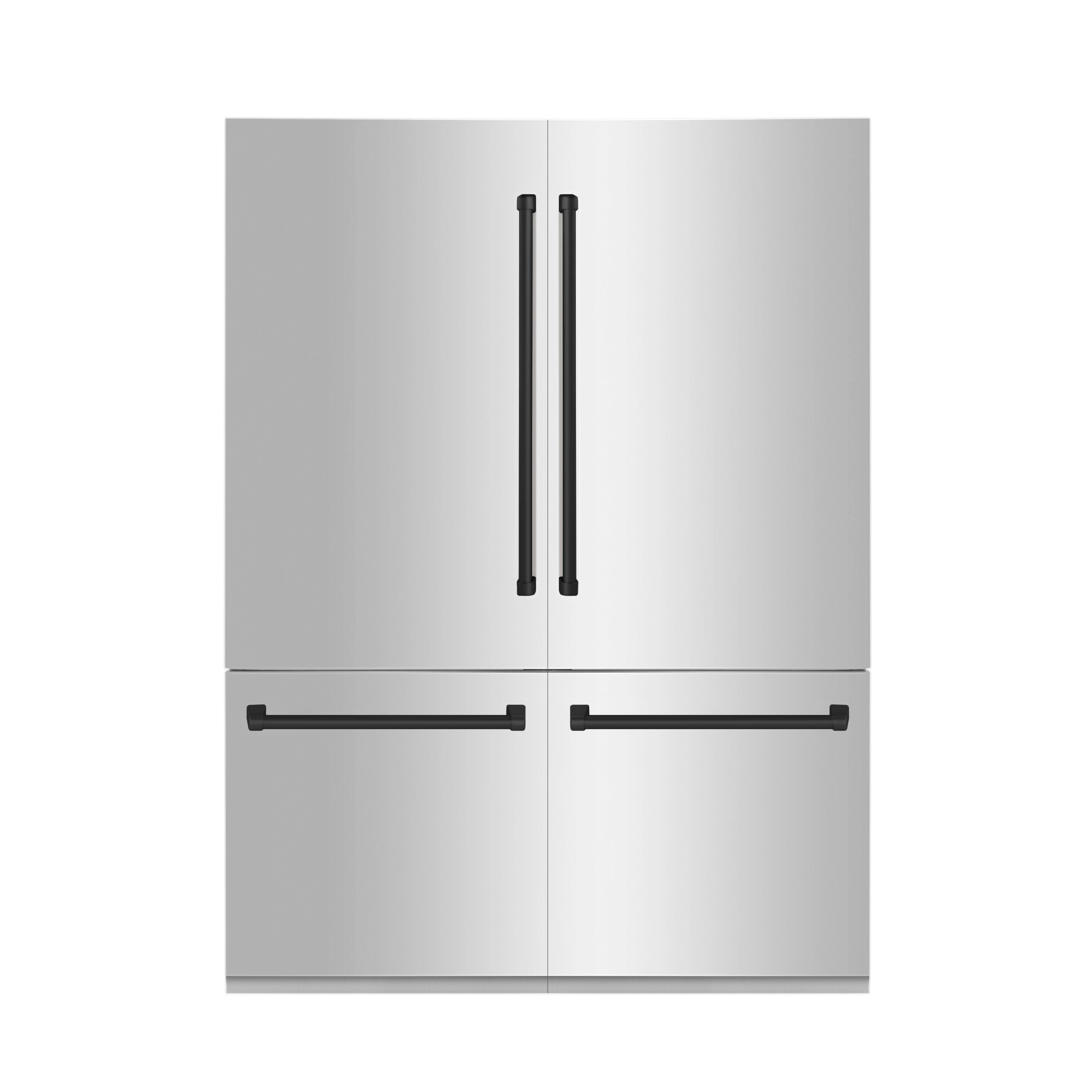Two-door refrigerator front with twin vertical handles and two horizontal pull handles