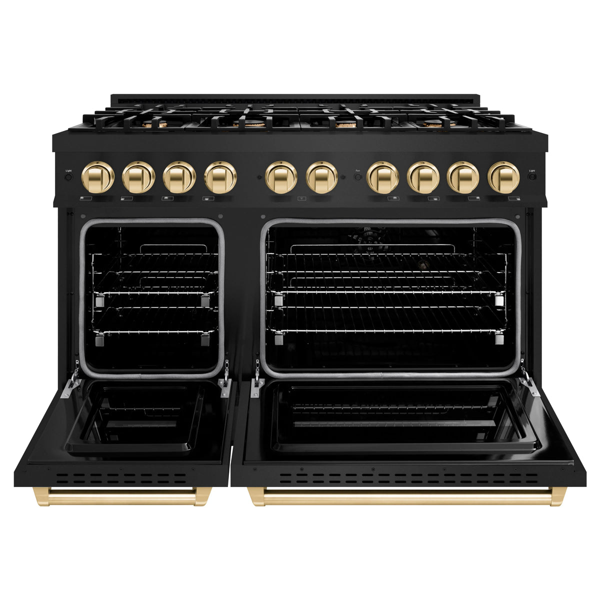 Black dual fuel range with two open ovens and gold oven handles
