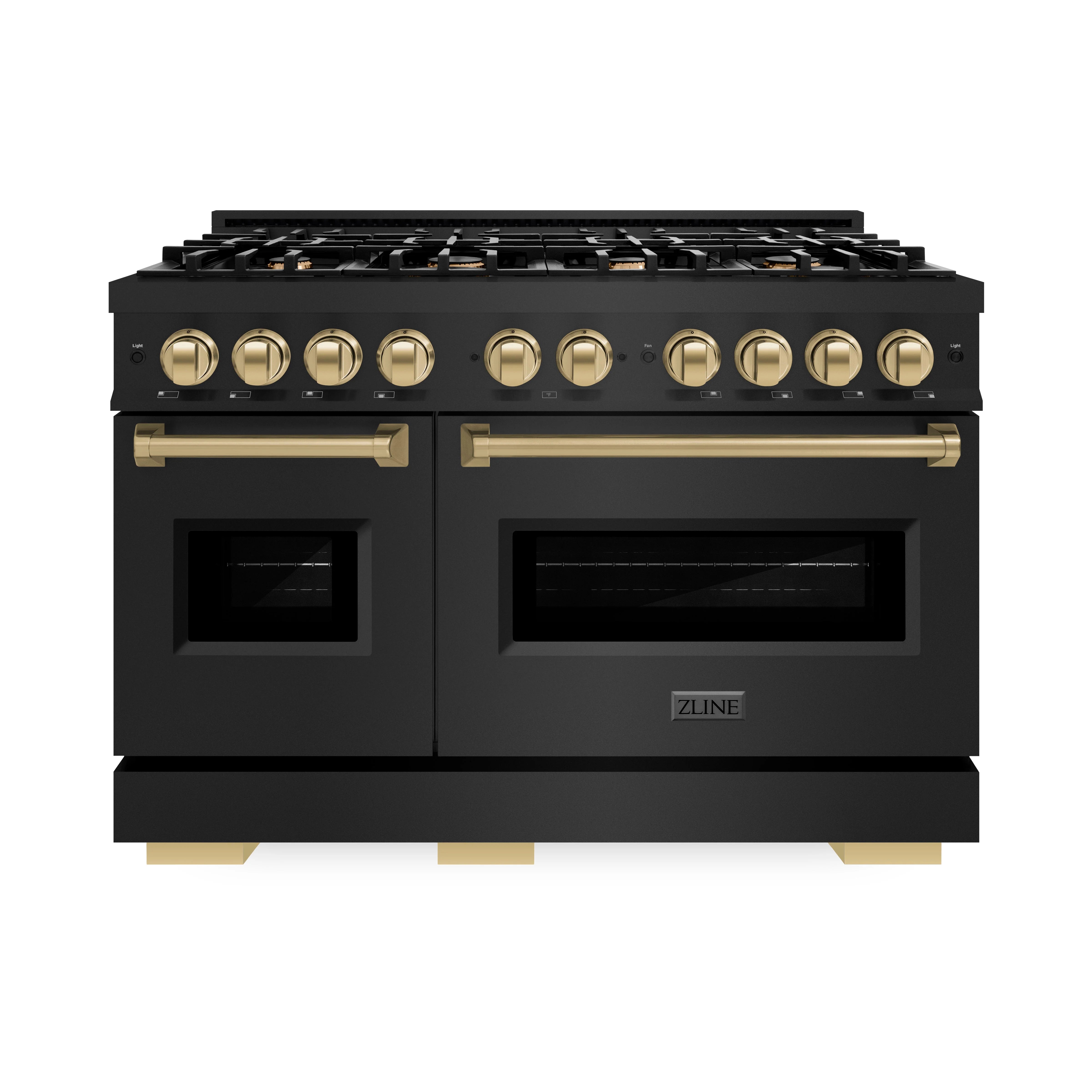 Black gas range with champagne bronze knobs, cooktop grates, and dual oven windows