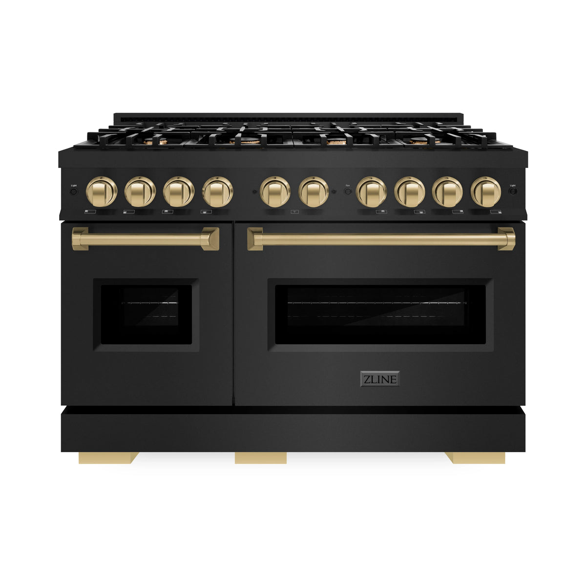 ZLINE 4-Piece Appliance Package - 48-Inch Classic Gas Range, Refrigerator with Water Dispenser, Dishwasher, and 24-Inch Microwave Drawer in Black Stainless Steel with Champagne Bronze Accents