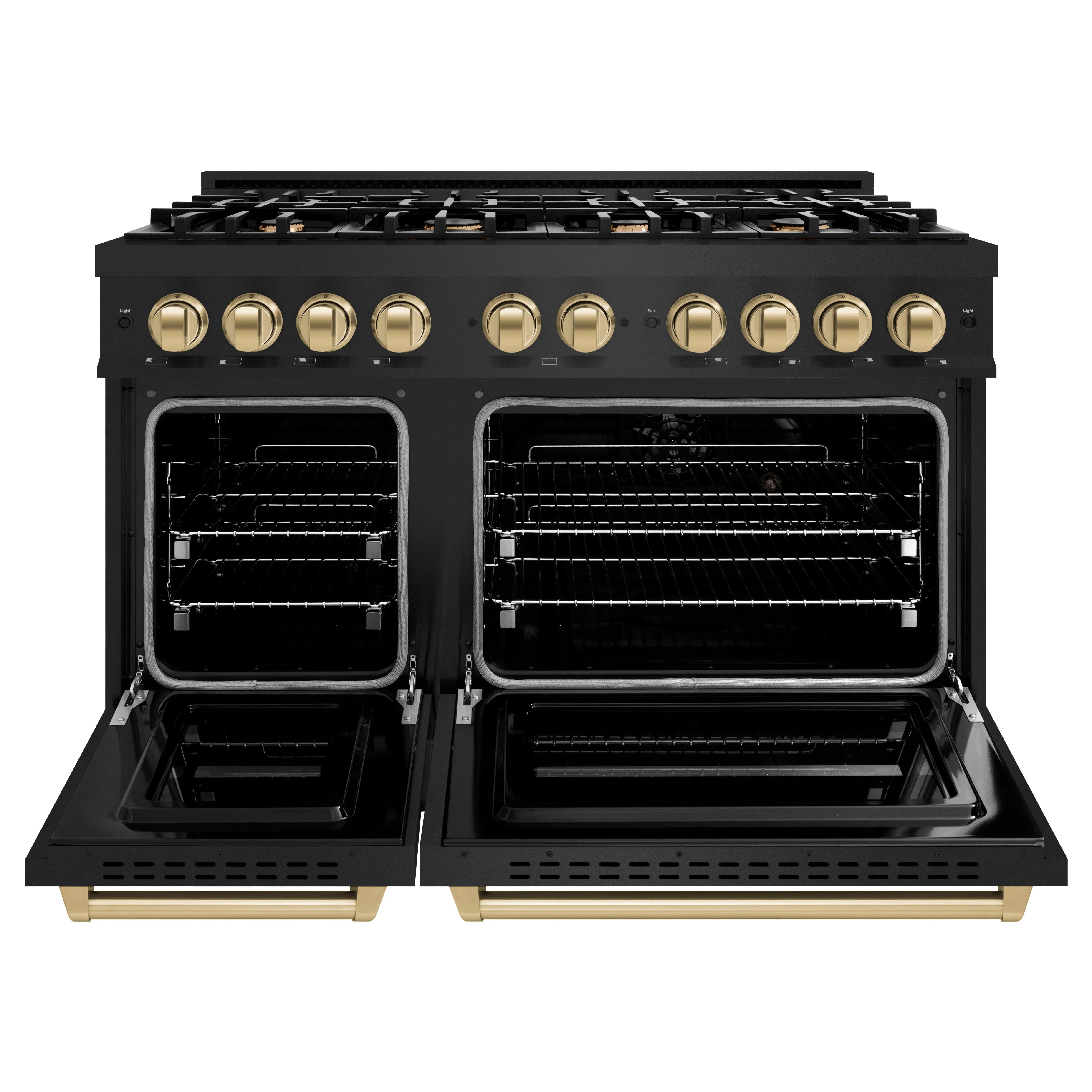 Black dual-oven gas range with open oven doors and champagne-bronze control knobs