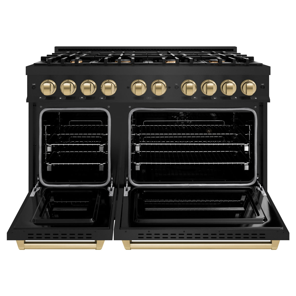 Black gas range with both oven doors open, interior racks and champagne bronze handles