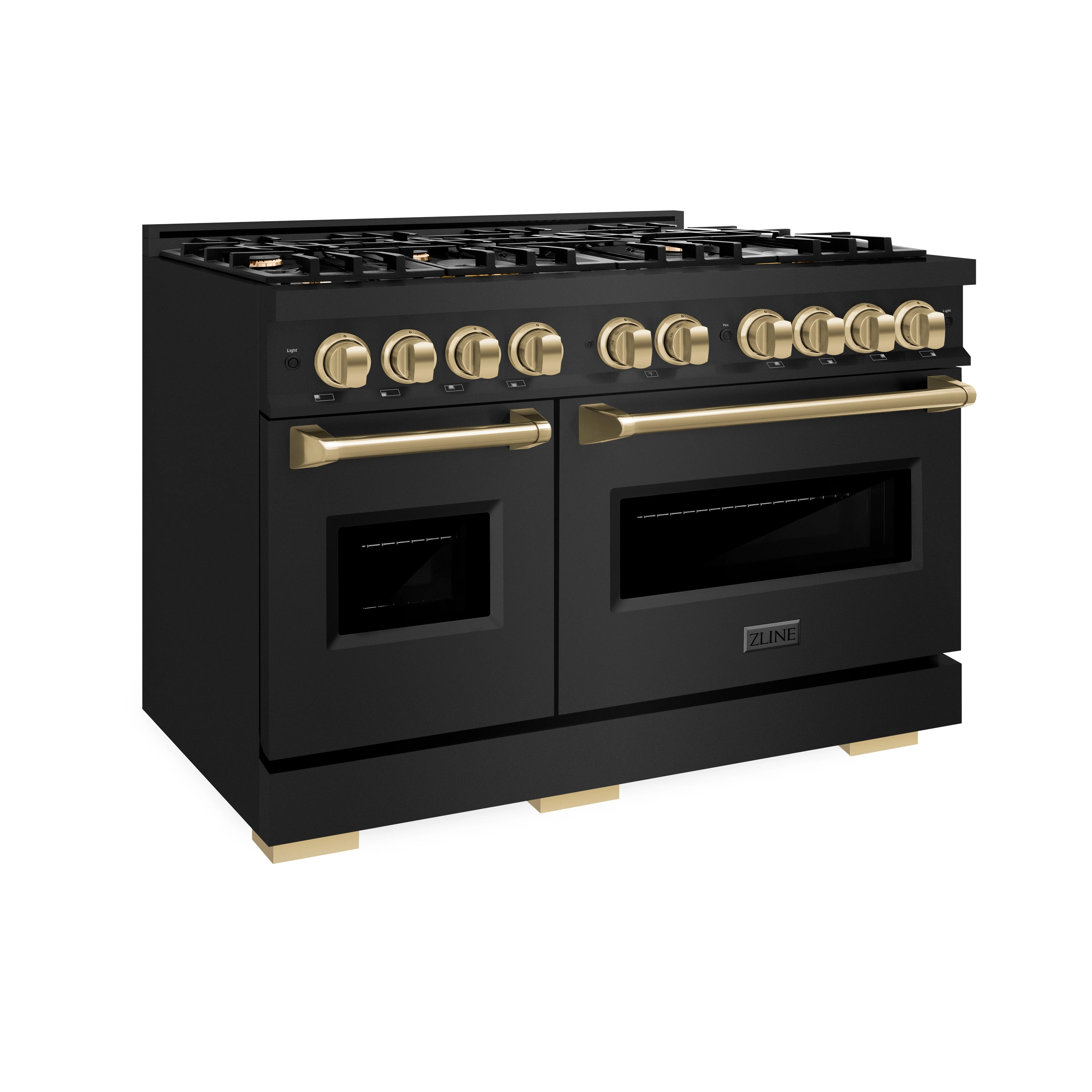 Black gas range with champagne bronze knobs and oven handles, dual oven doors