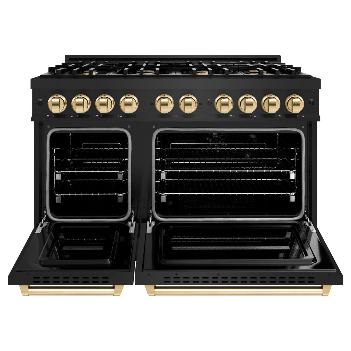 Black gas range with two open oven doors, gold control knobs, and burner grates
