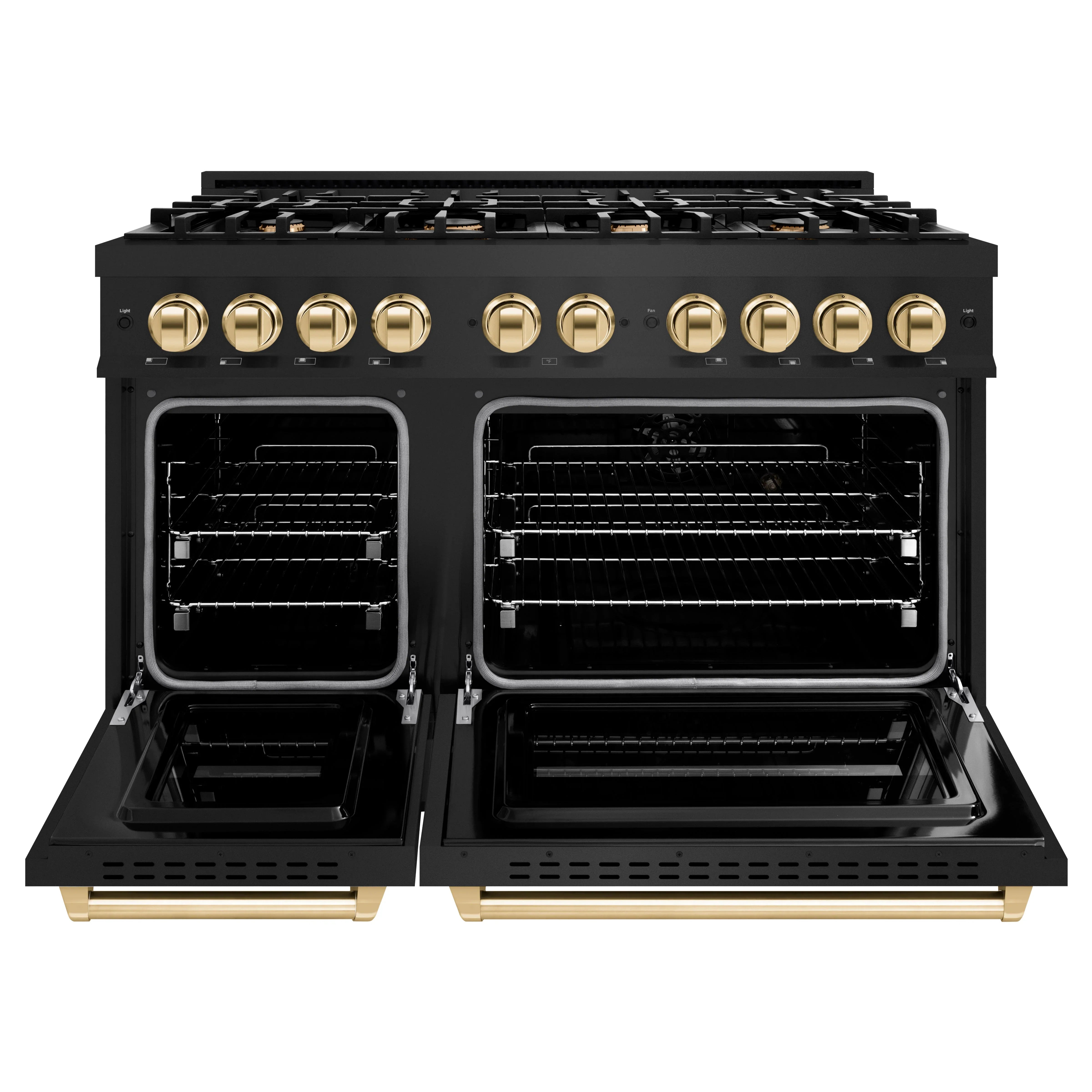 Black gas range with two open oven cavities and gold handle rails