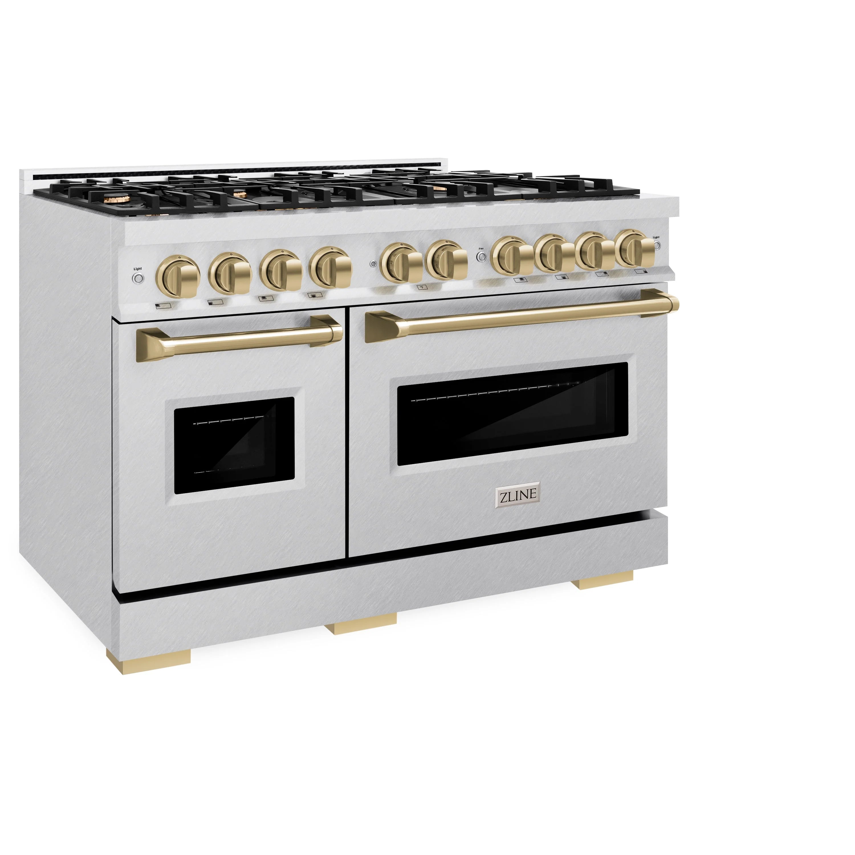 Satin stainless steel dual fuel range front corner view with gold hardware