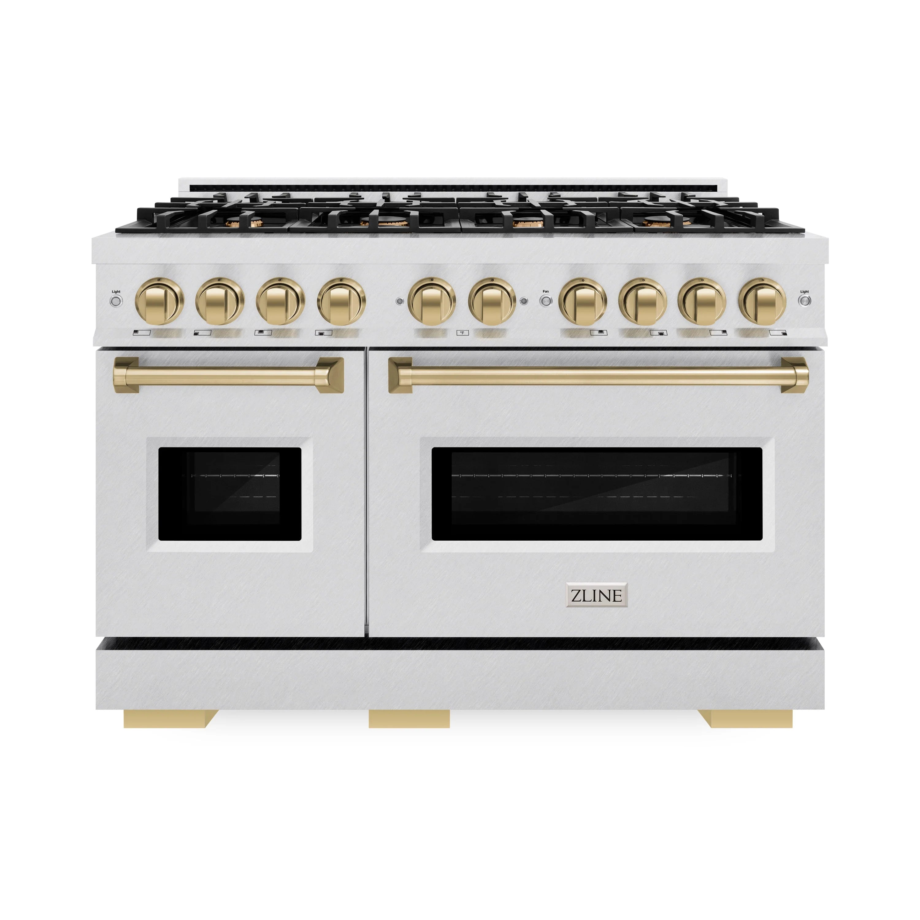 Satin stainless and champagne bronze gas range with dual ovens and control knobs