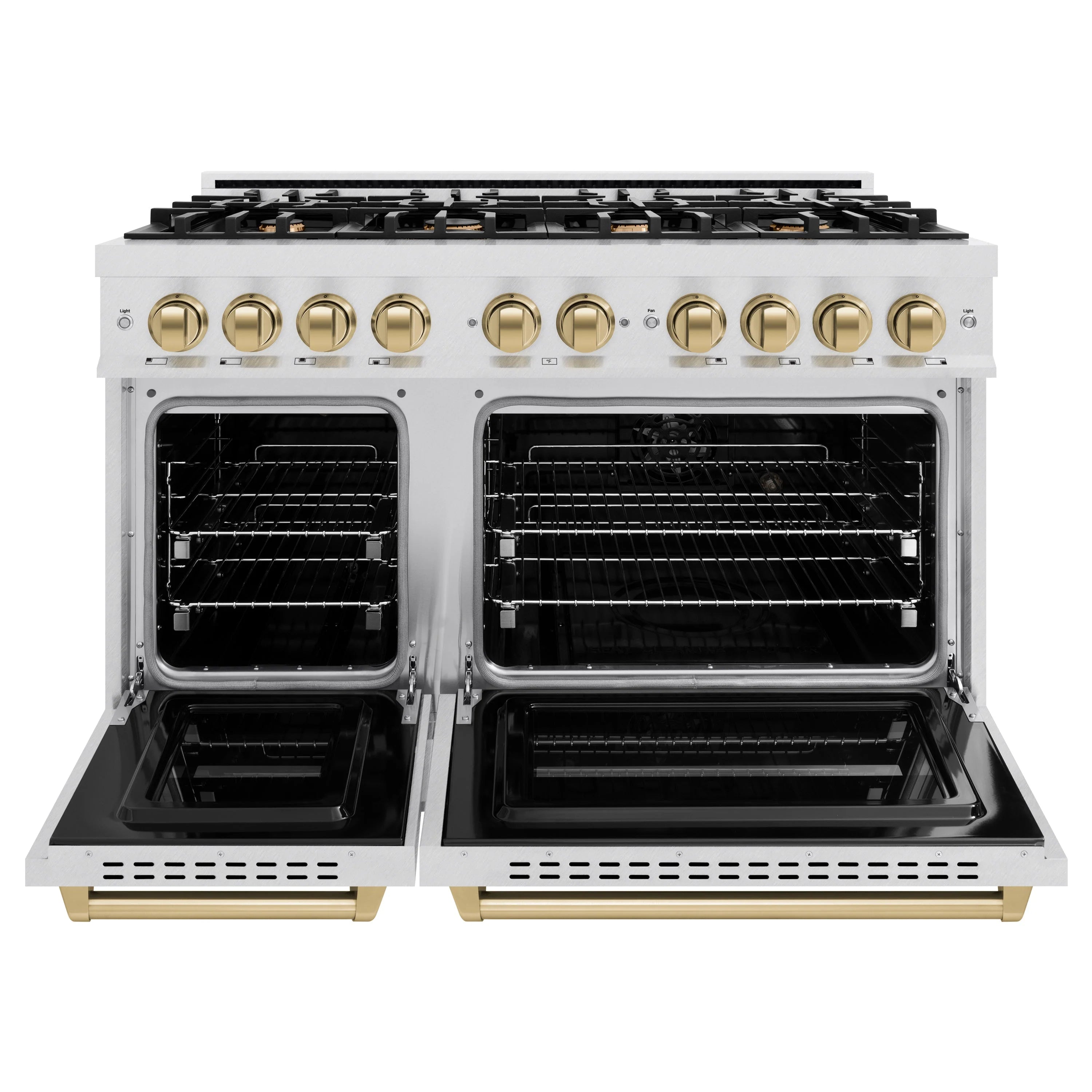 Open twin oven doors with racks inside on satin stainless gas range