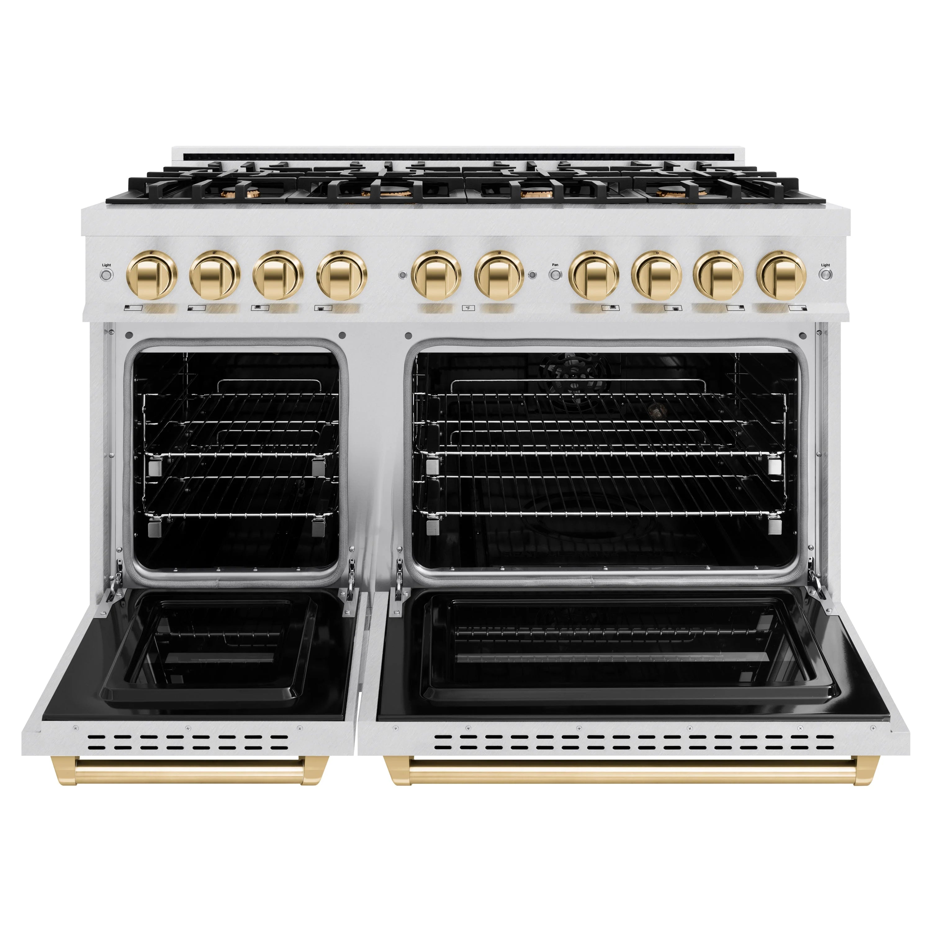 Stainless steel gas range with two open oven doors and black interior racks