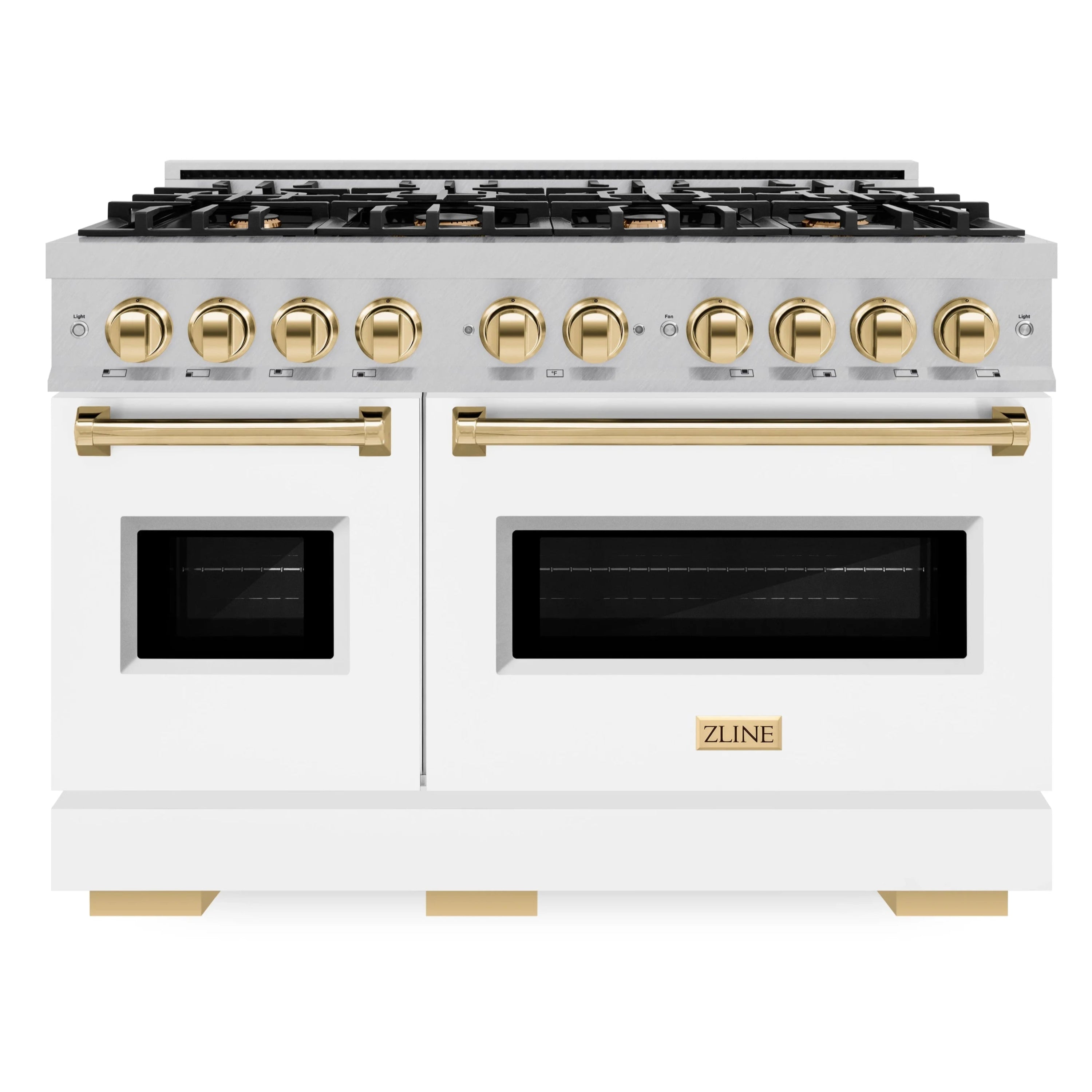 White matte door dual fuel range with satin stainless top and gold control knobs