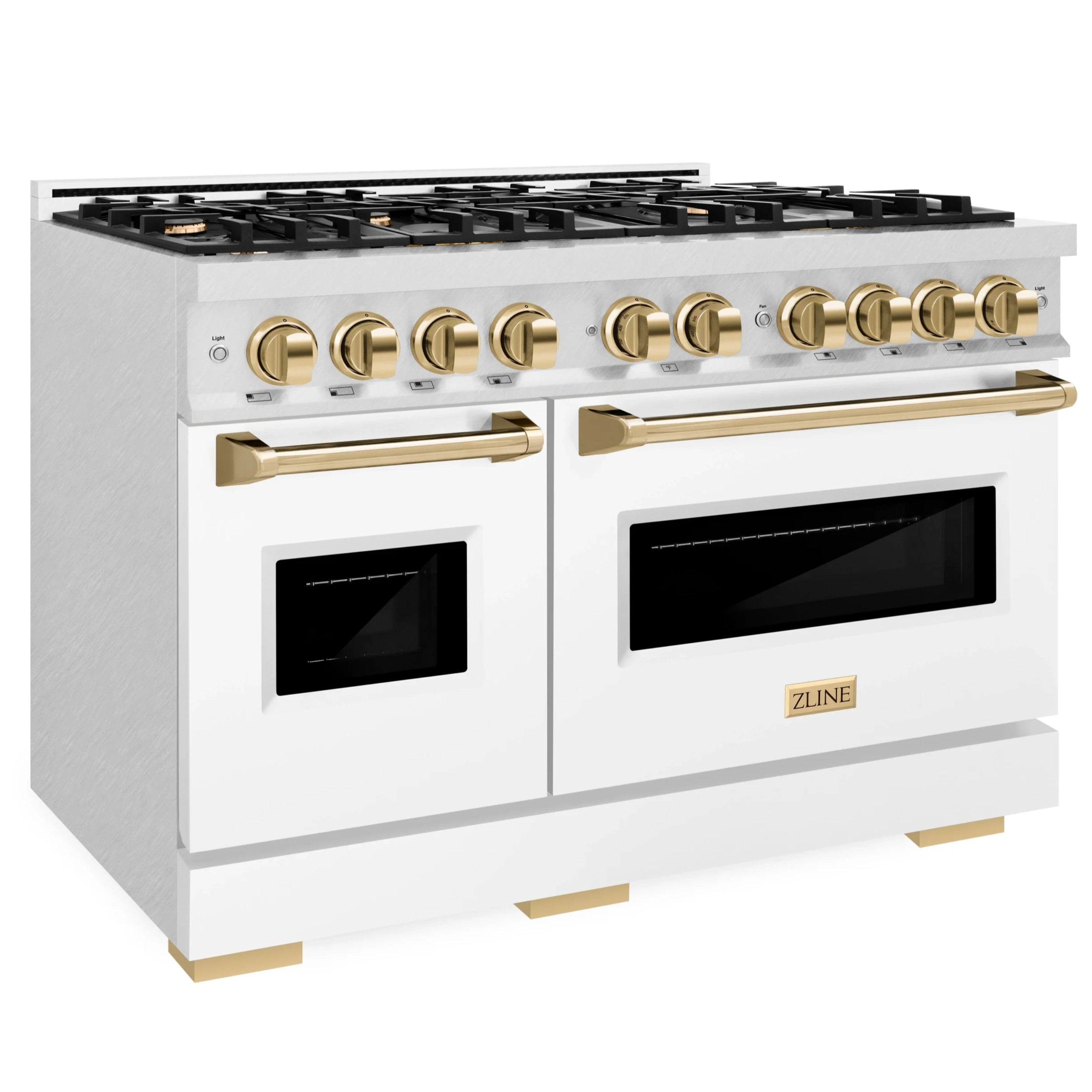 Dual fuel range front with white doors, satin stainless body, and gold burner knobs
