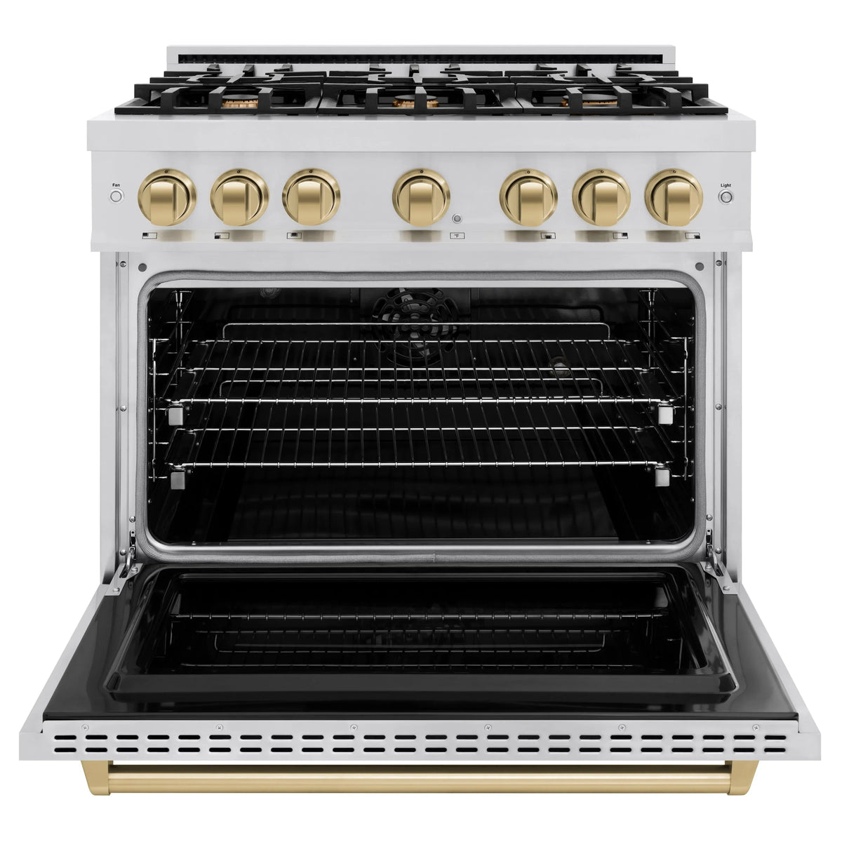 Stainless steel dual fuel range with open oven and champagne bronze control knobs