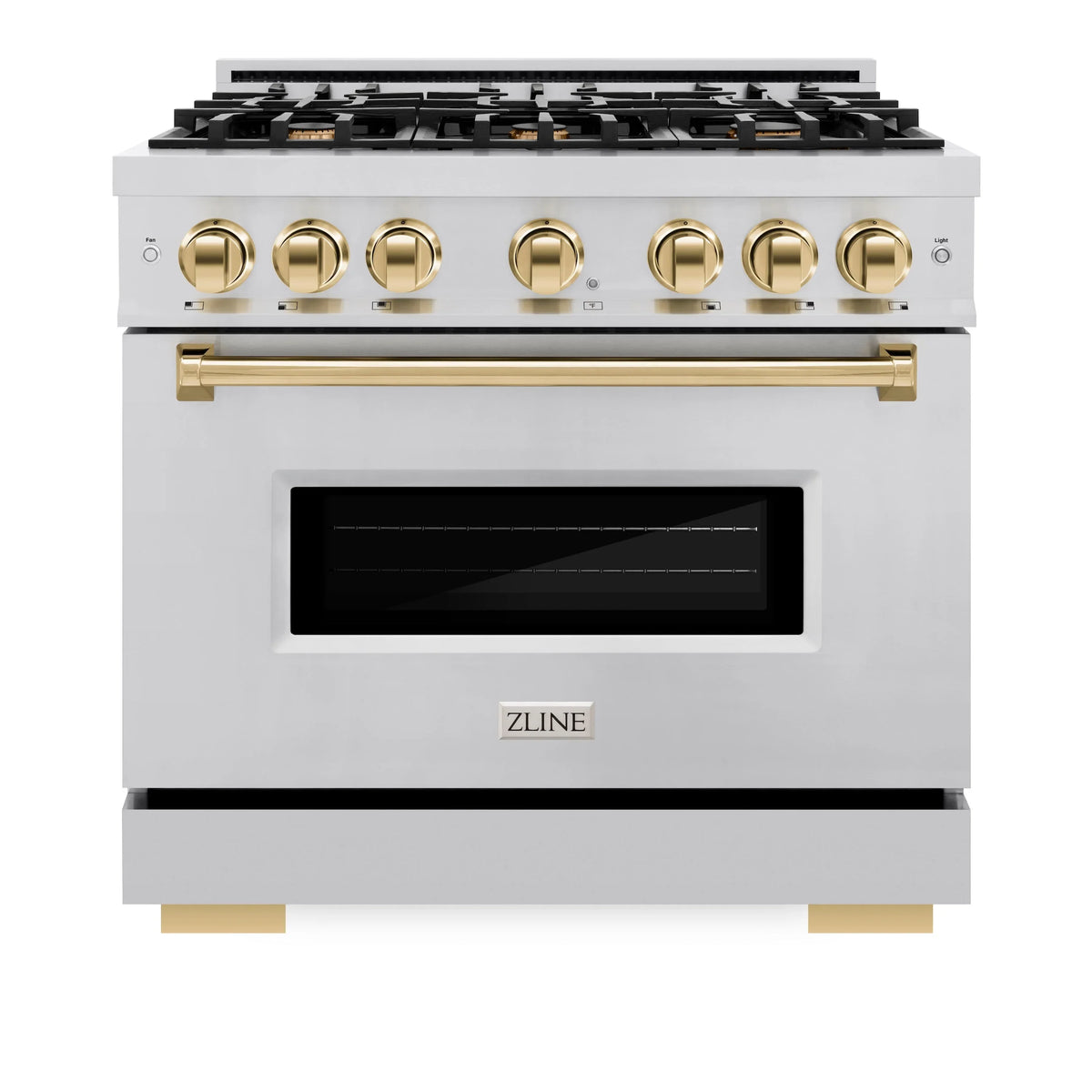 Stainless steel dual fuel range with gold control knobs and black oven window