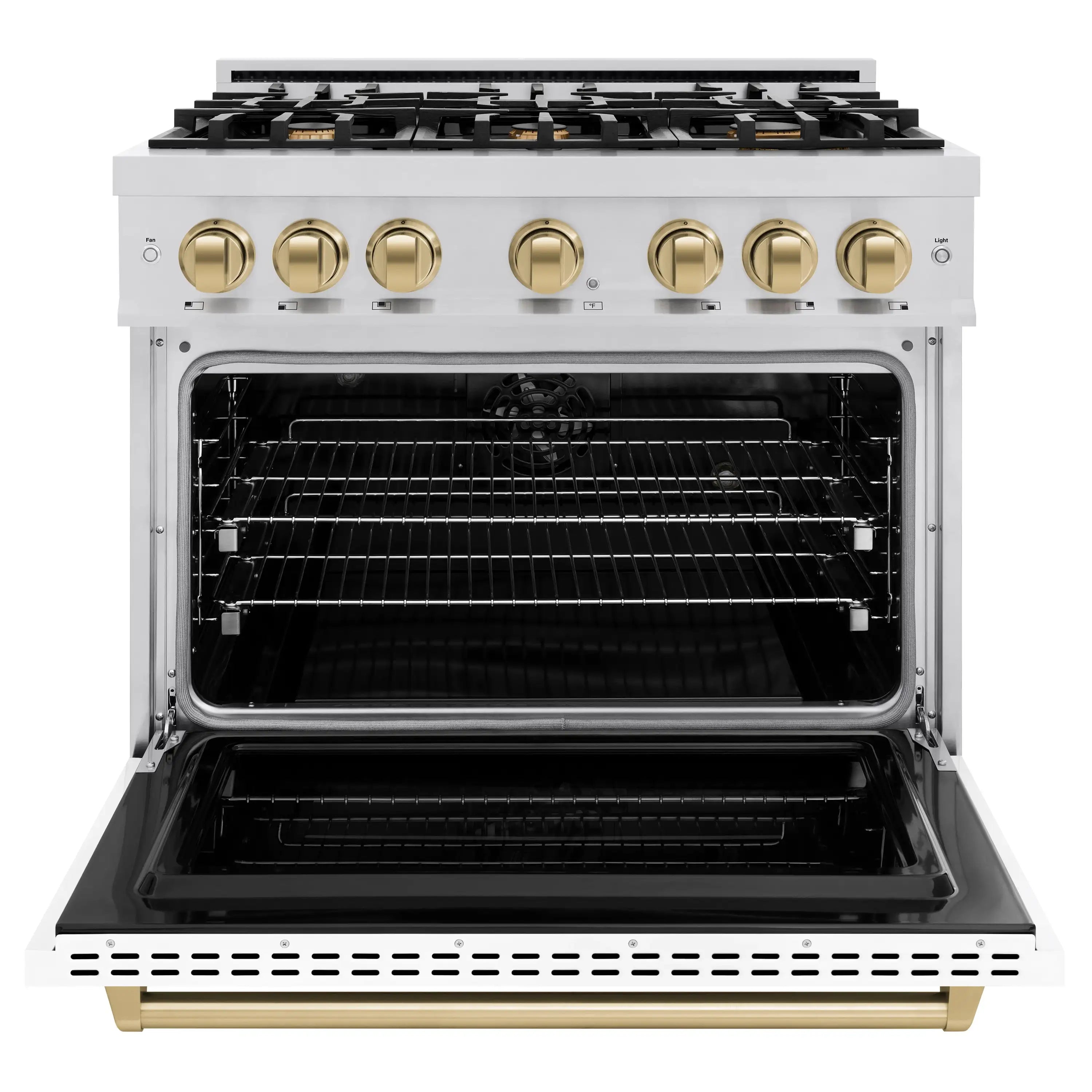 Stainless range oven door open with wire racks and front vented base