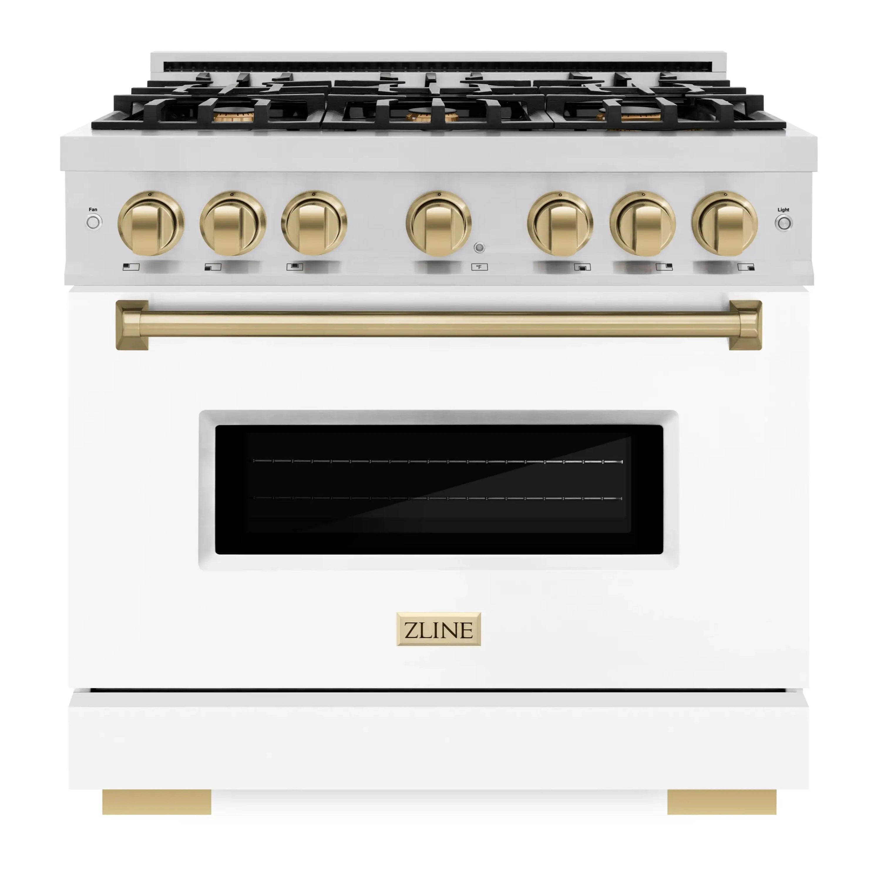 White range front with black cooktop grates, gold knobs, and viewing window