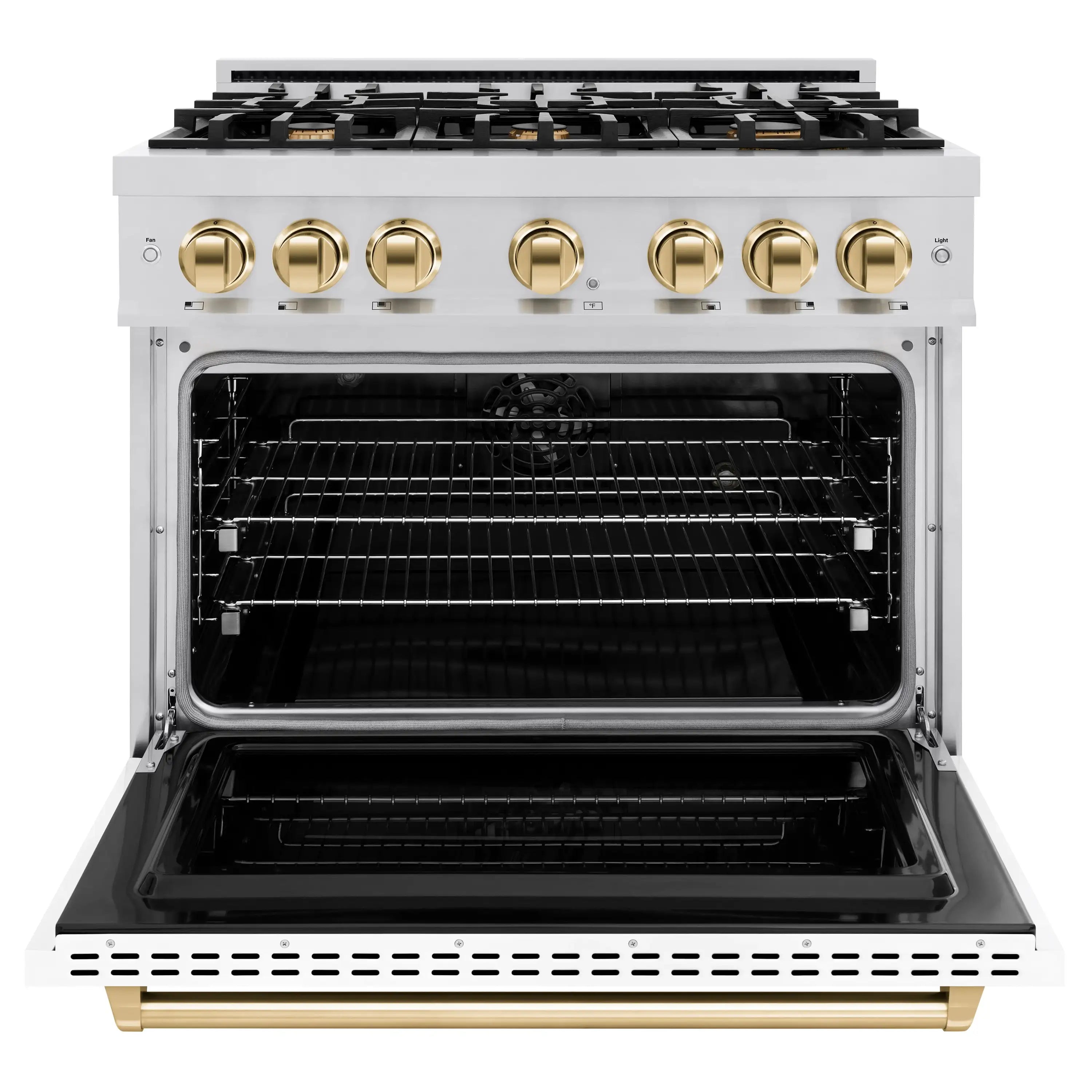 Open oven door showing black interior racks and stainless oven frame