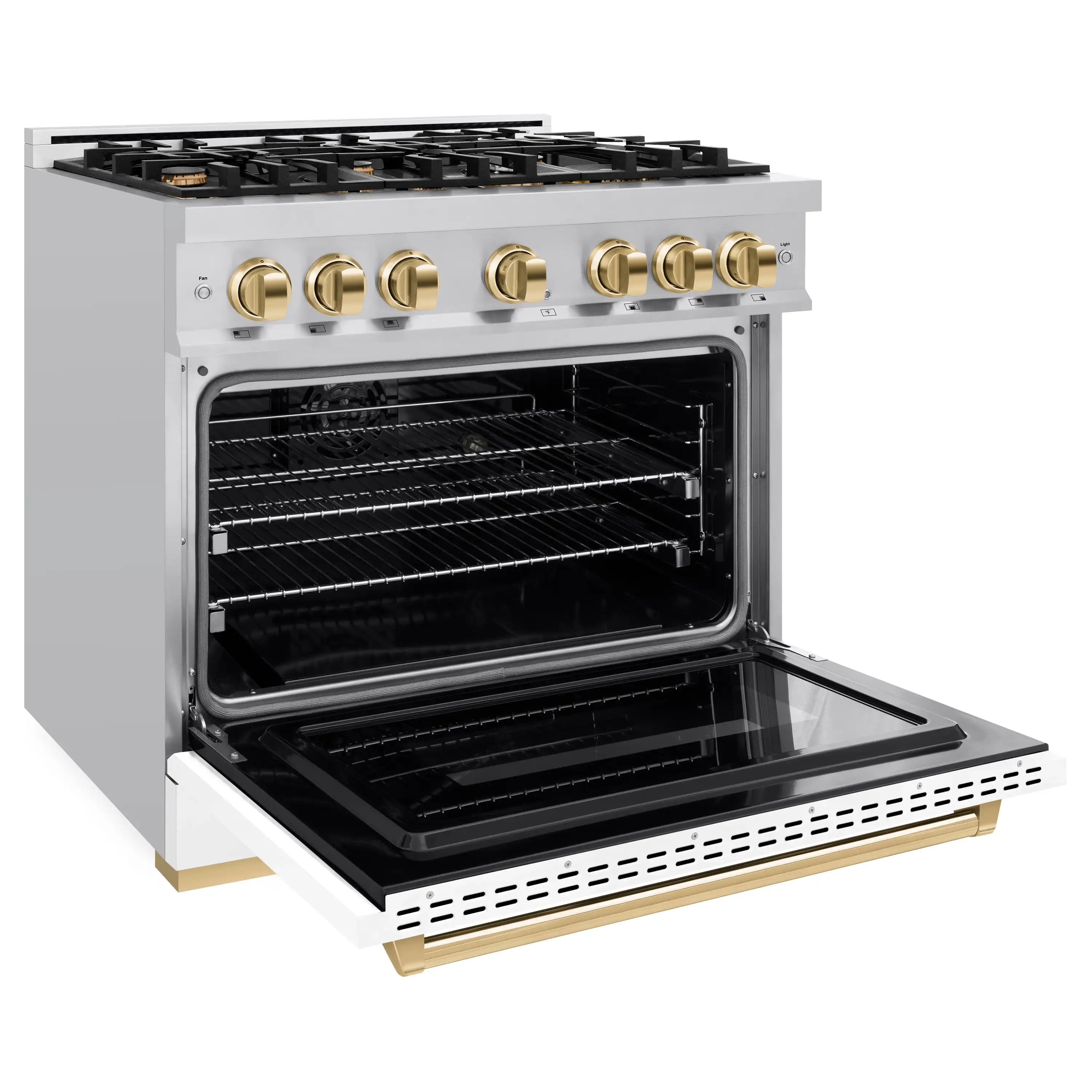 White range with open oven and gold knobs; black oven interior and side rack