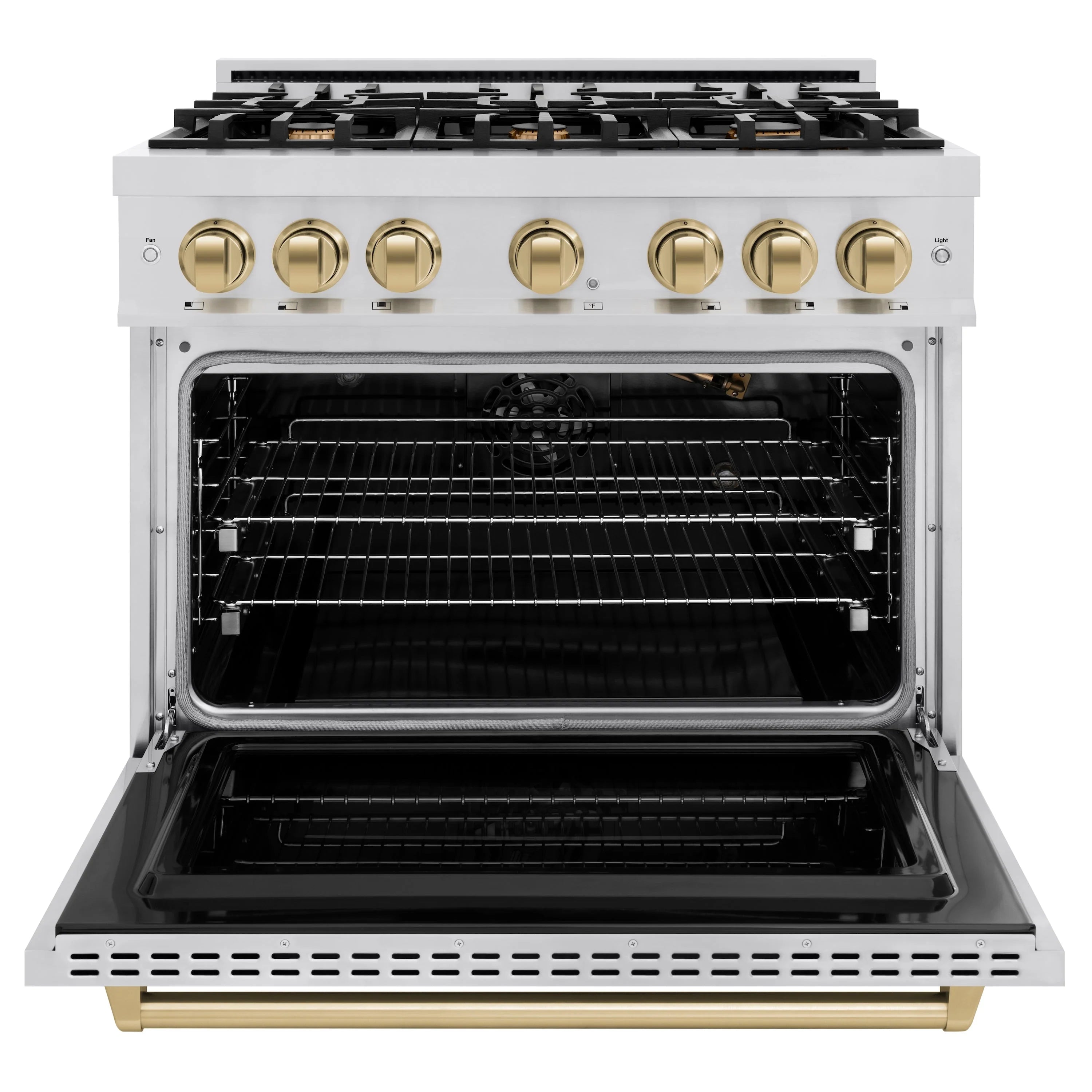 Stainless steel gas range with open gas convection oven and chrome rack supports
