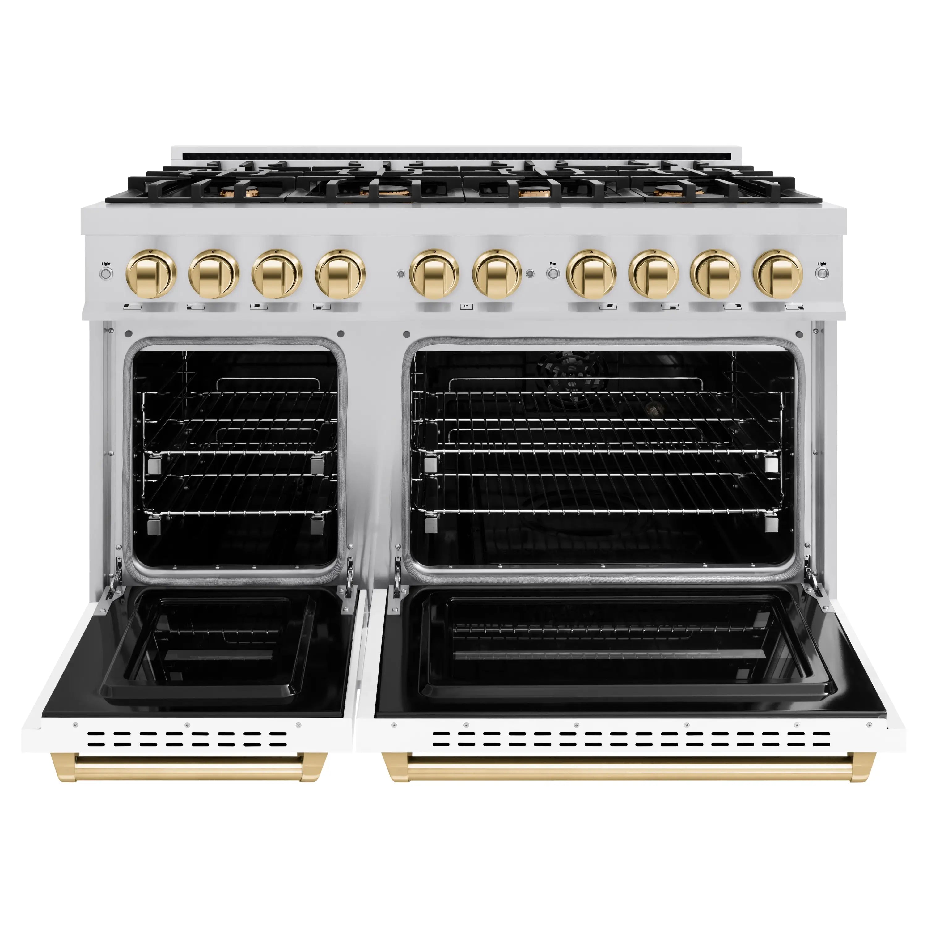 Dual fuel range with open doors showing two black oven cavities and wire racks