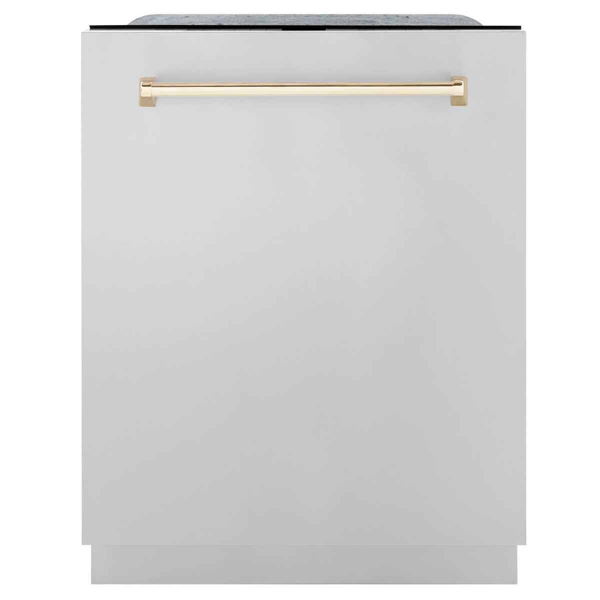Dishwasher front panel in white with gold bar handle