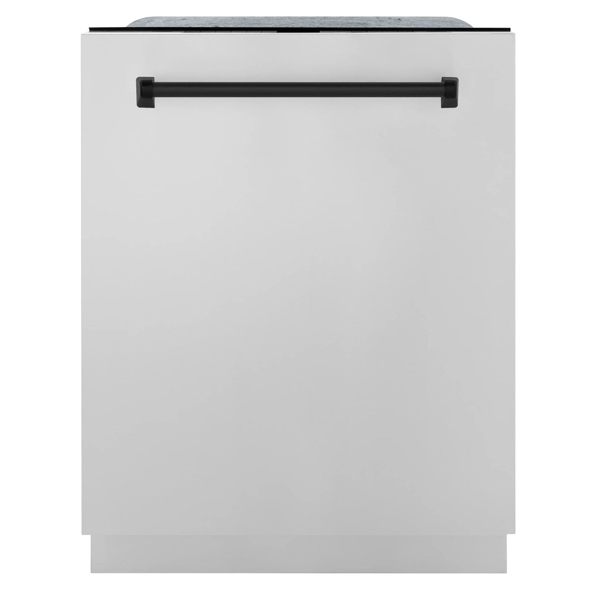 White dishwasher drawer front with matte black pull handle, centered view