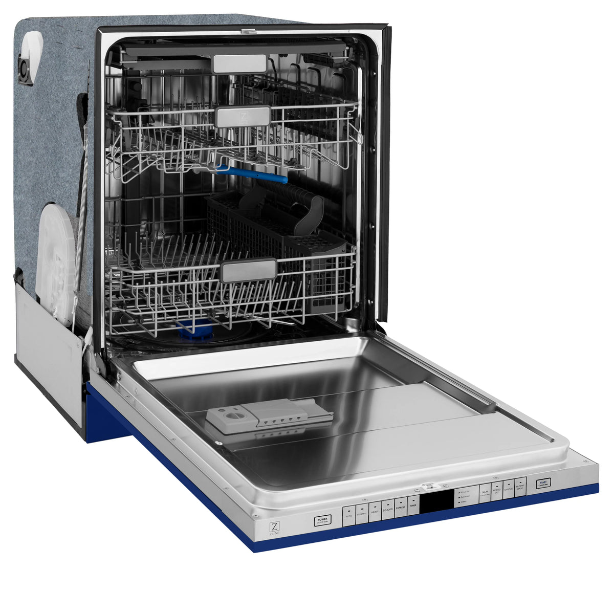 Open blue dishwasher with stainless steel tub and wire racks