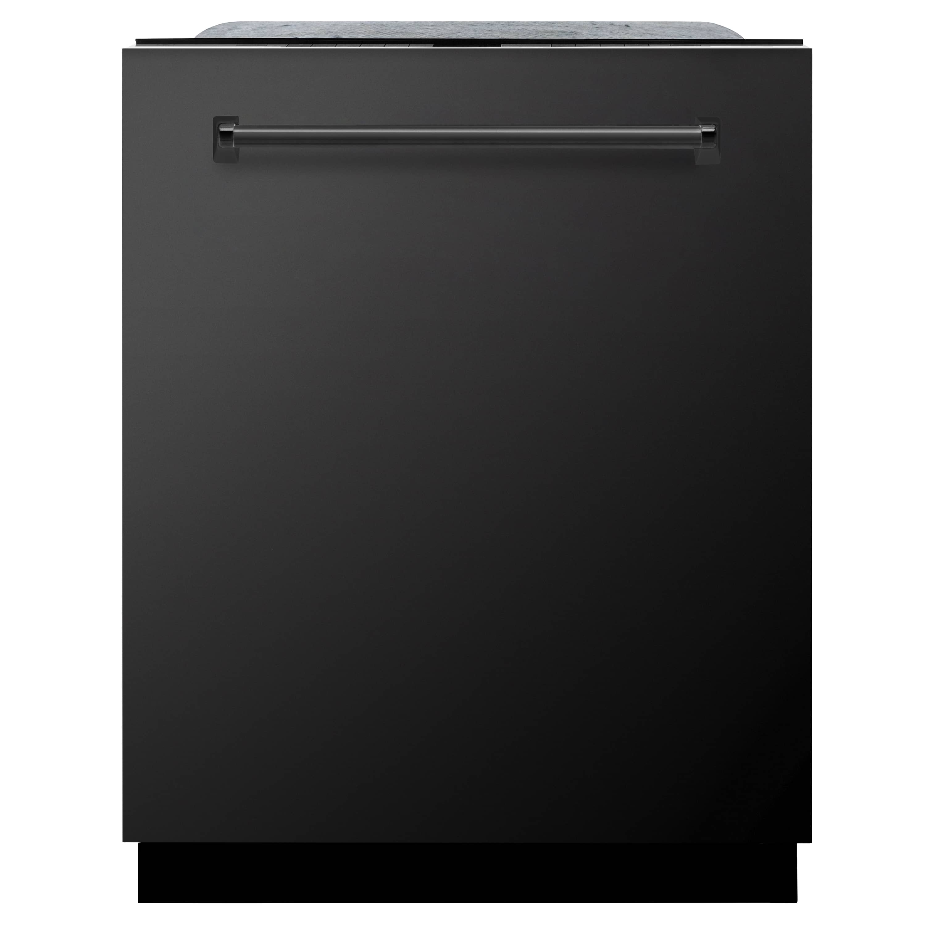 Black stainless steel dishwasher front with recessed handle