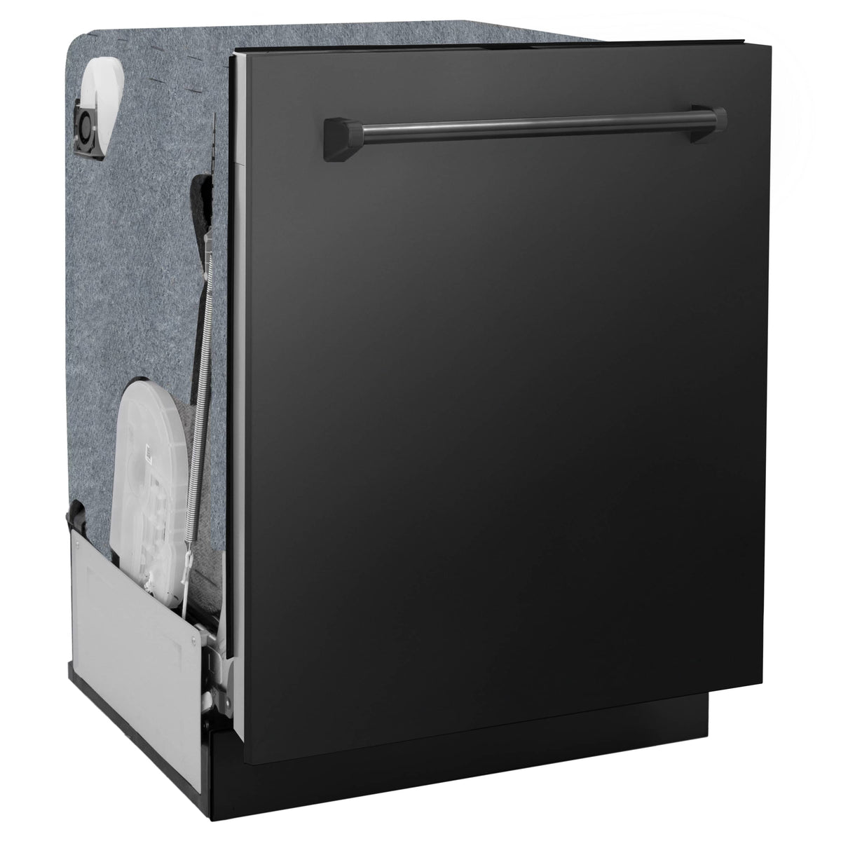 Black dishwasher with open door showing interior racks and side panels