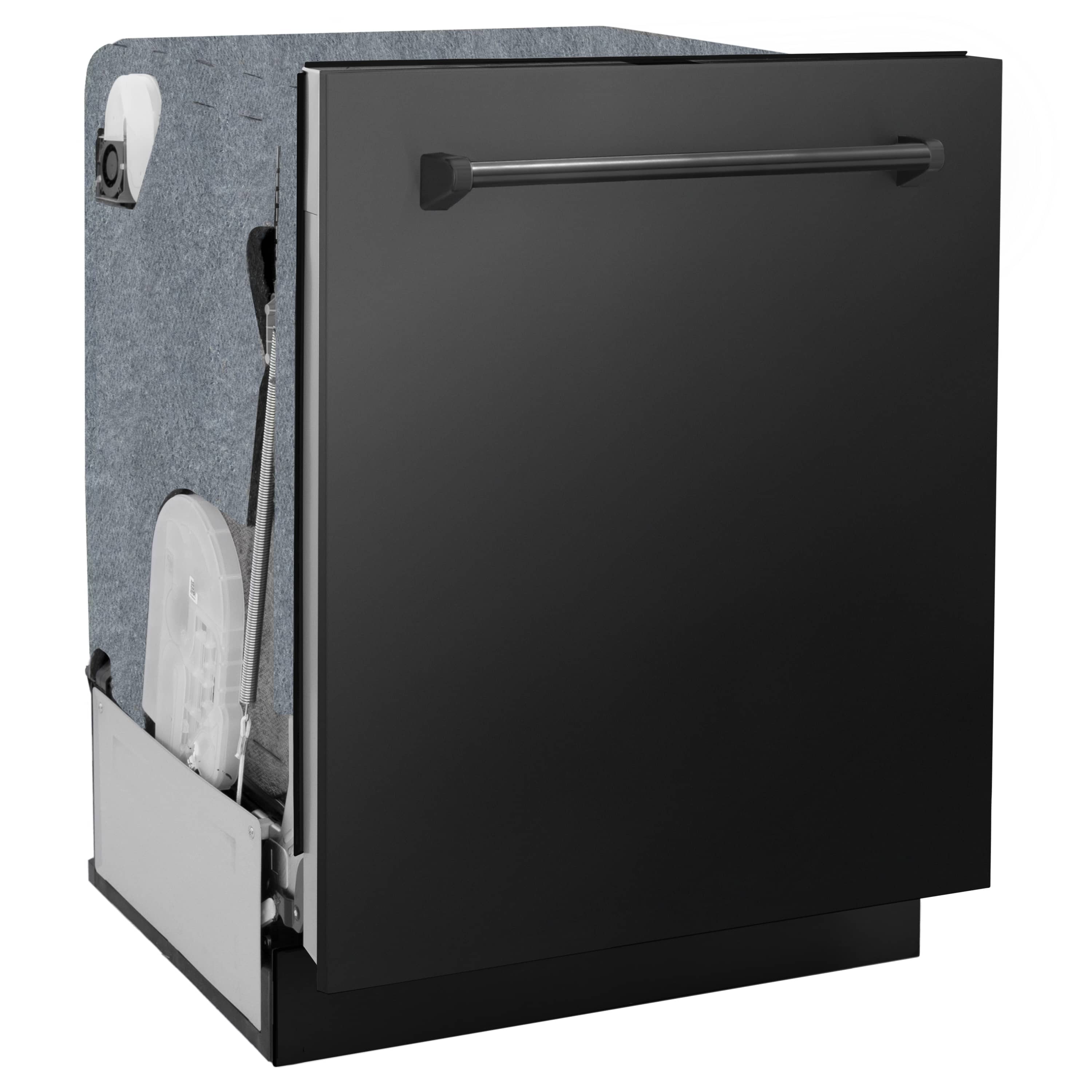 Black stainless dishwasher side view with front handle and gray interior panel
