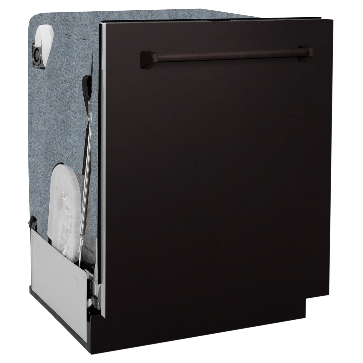 Oil-rubbed bronze dishwasher front with top handle, shown from the side