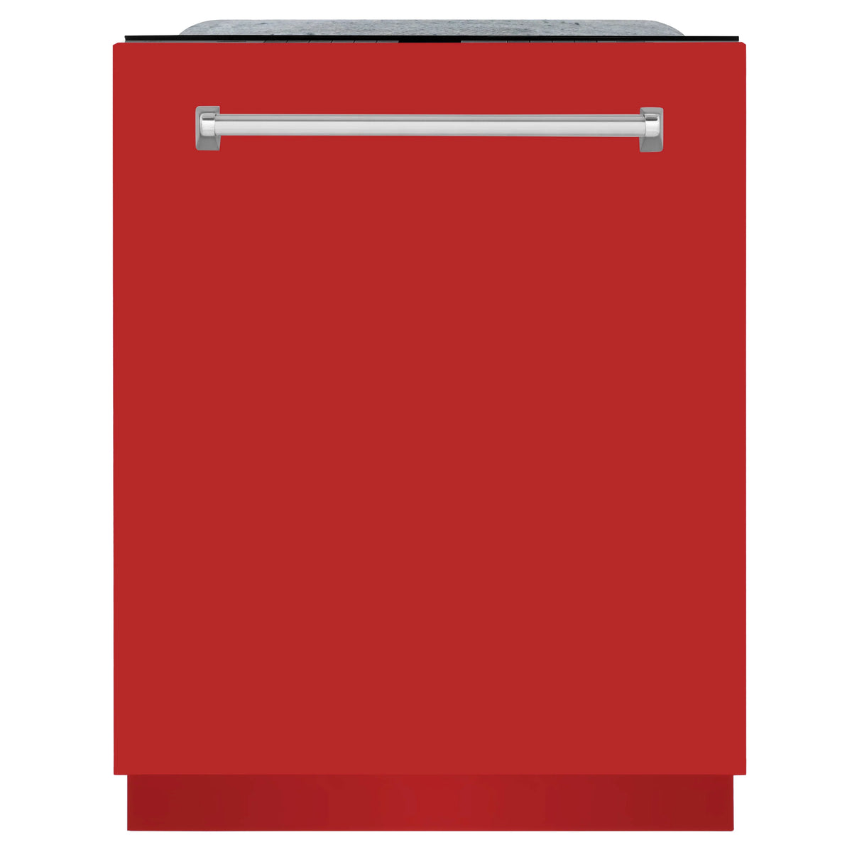 Red matte dishwasher door panel with horizontal stainless handle bar