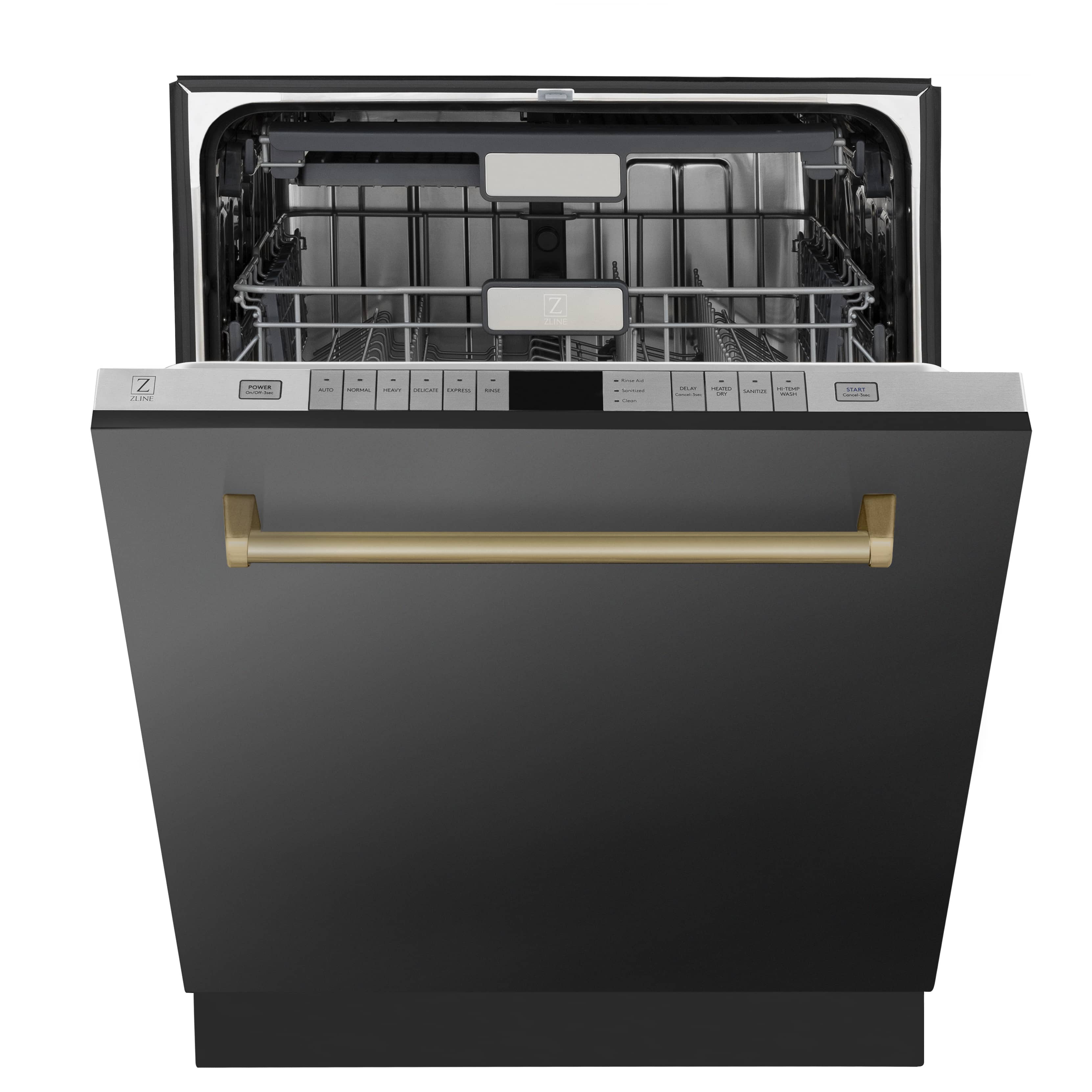 Black stainless steel dishwasher with open rack and champagne bronze door handle