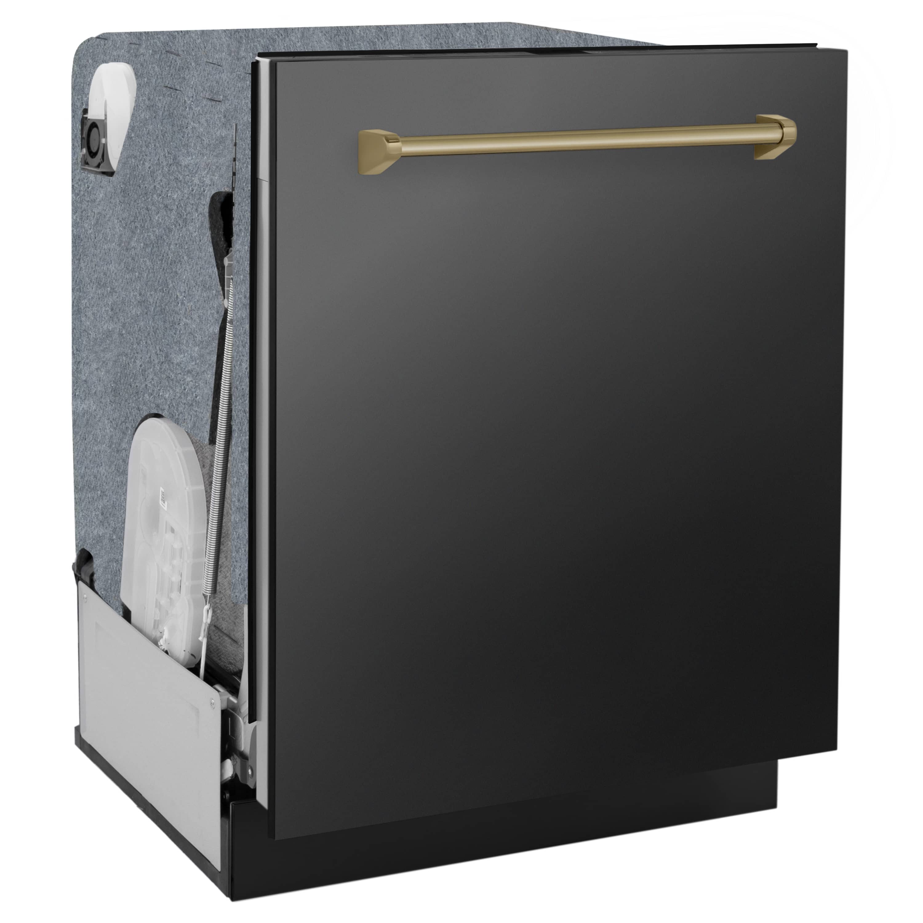 Black stainless steel dishwasher with champagne bronze handle, side view