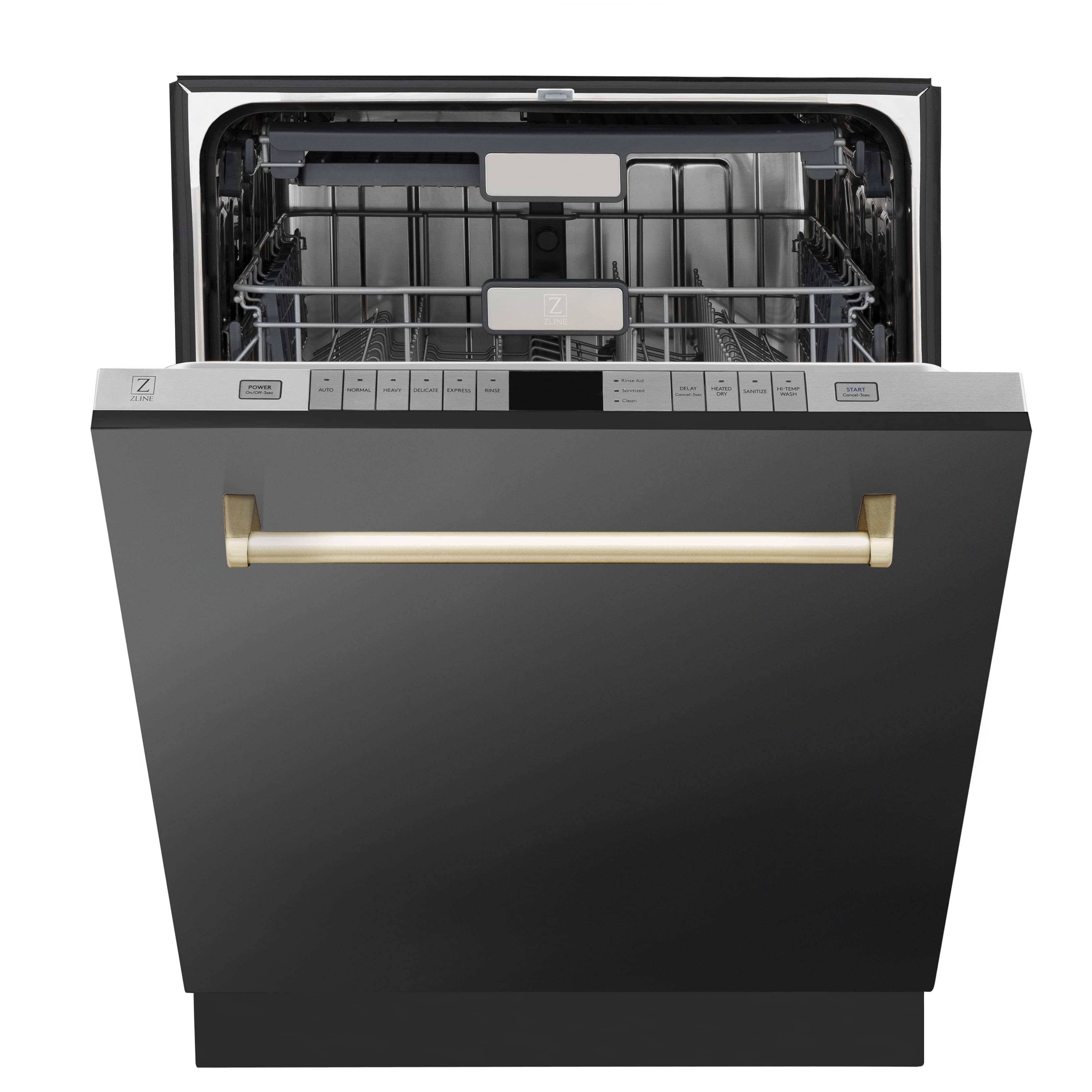 Black stainless steel dishwasher open door with gold handle and visible racks
