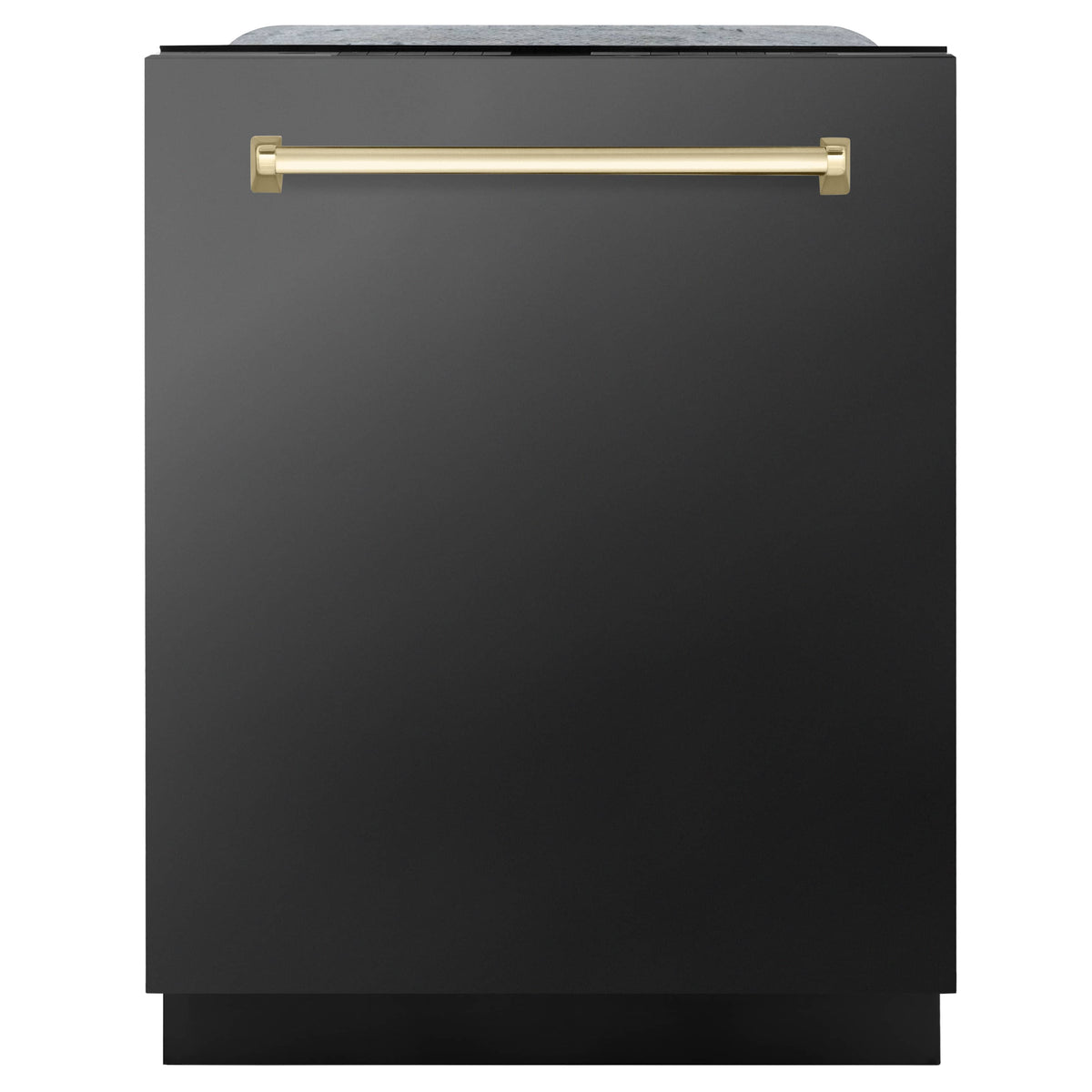 Black stainless steel dishwasher with gold bar handle on front door