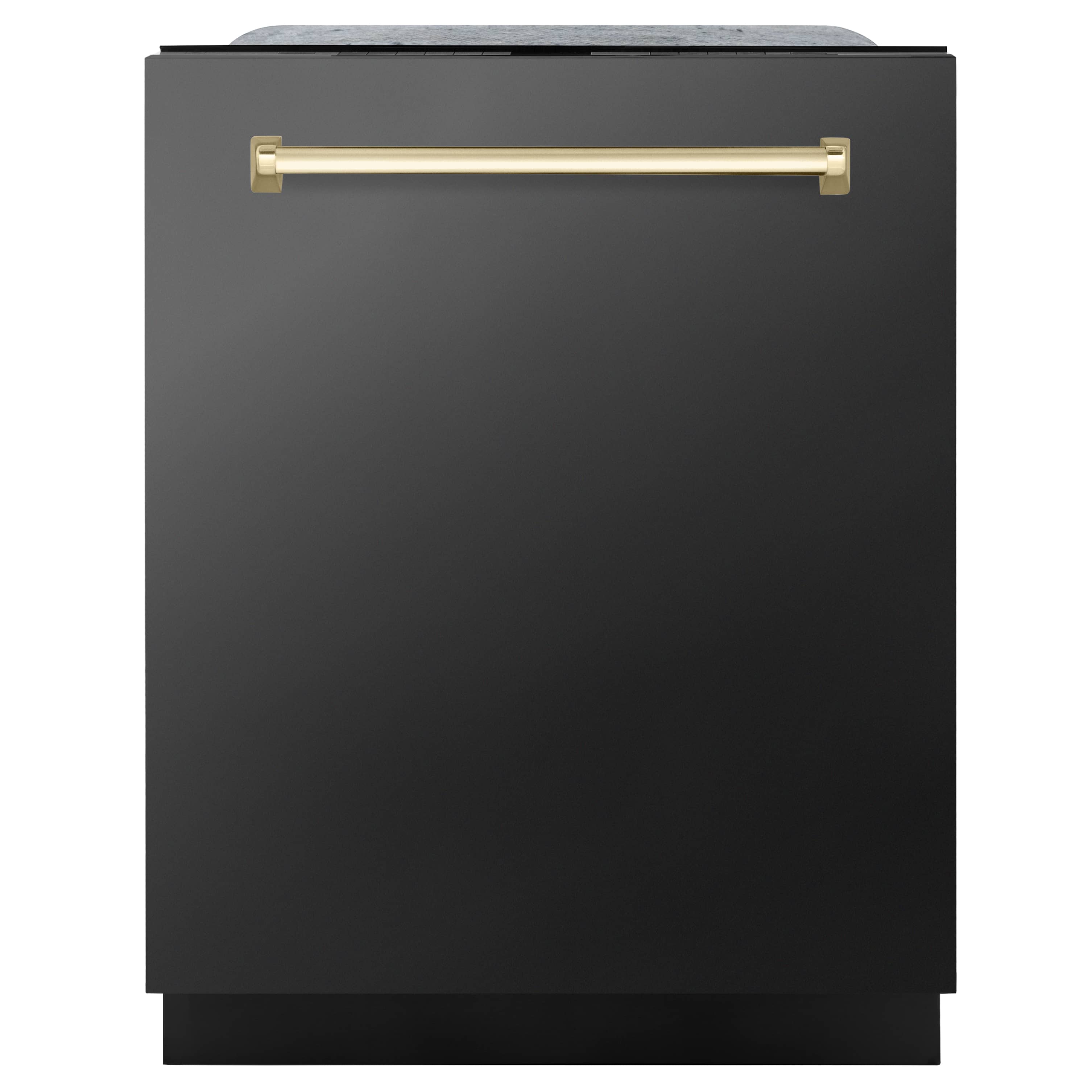 Black stainless steel refrigerator front with gold bar handle