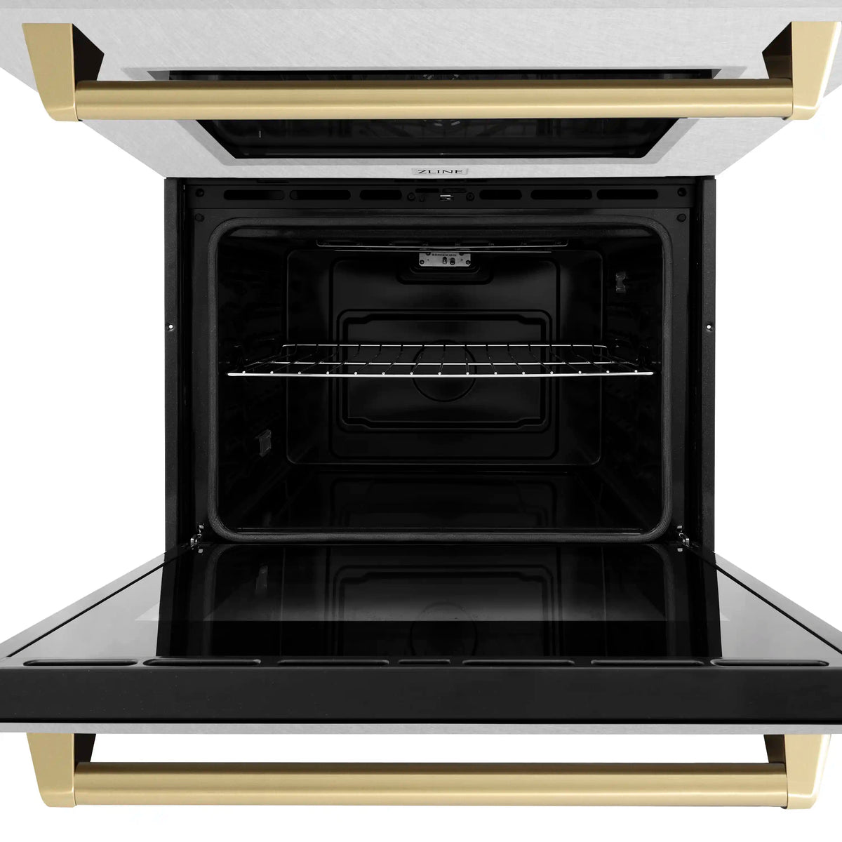Double wall oven with both doors open, interior racks and heating chamber visible