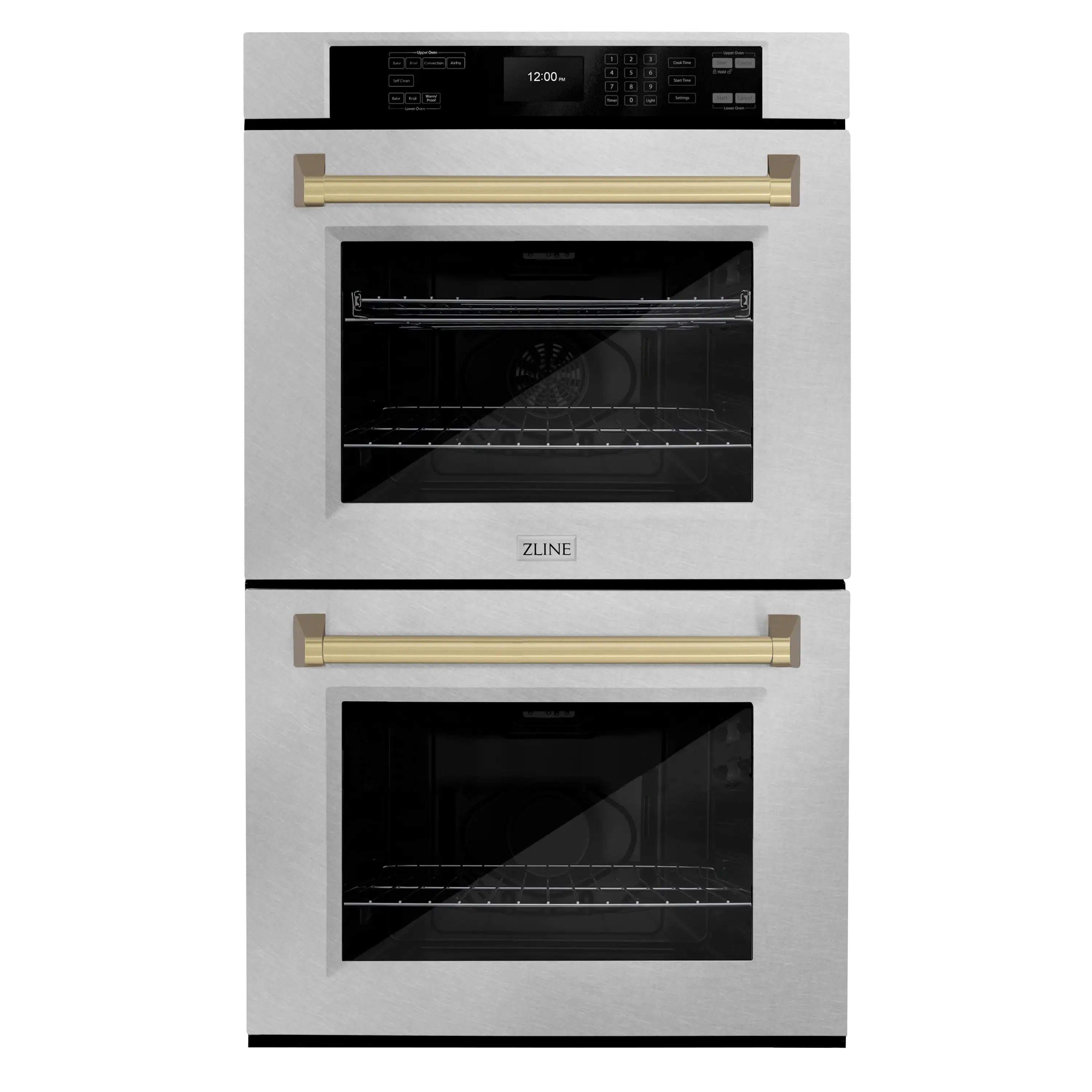 Satin stainless double wall oven with champagne bronze bar handles and two doors