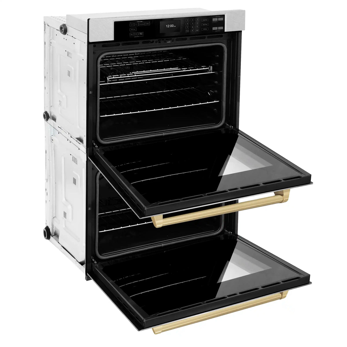 Double wall oven with top and bottom doors open, showing oven racks and trays