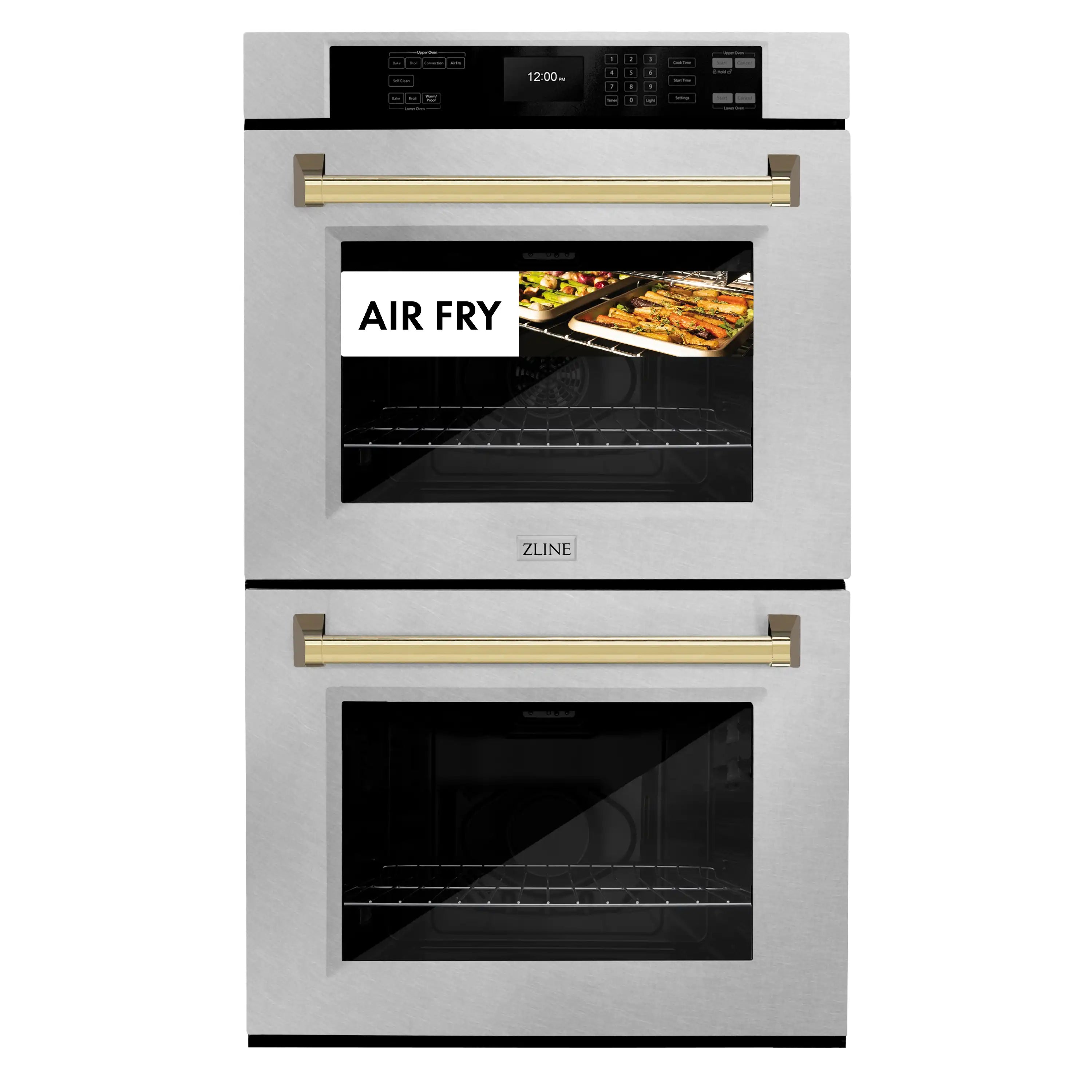 Double wall convection oven, satin stainless with polished gold handles, air fry window