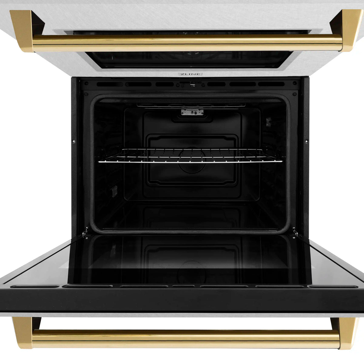 Double wall oven door open, empty black cooking cavity with wire racks