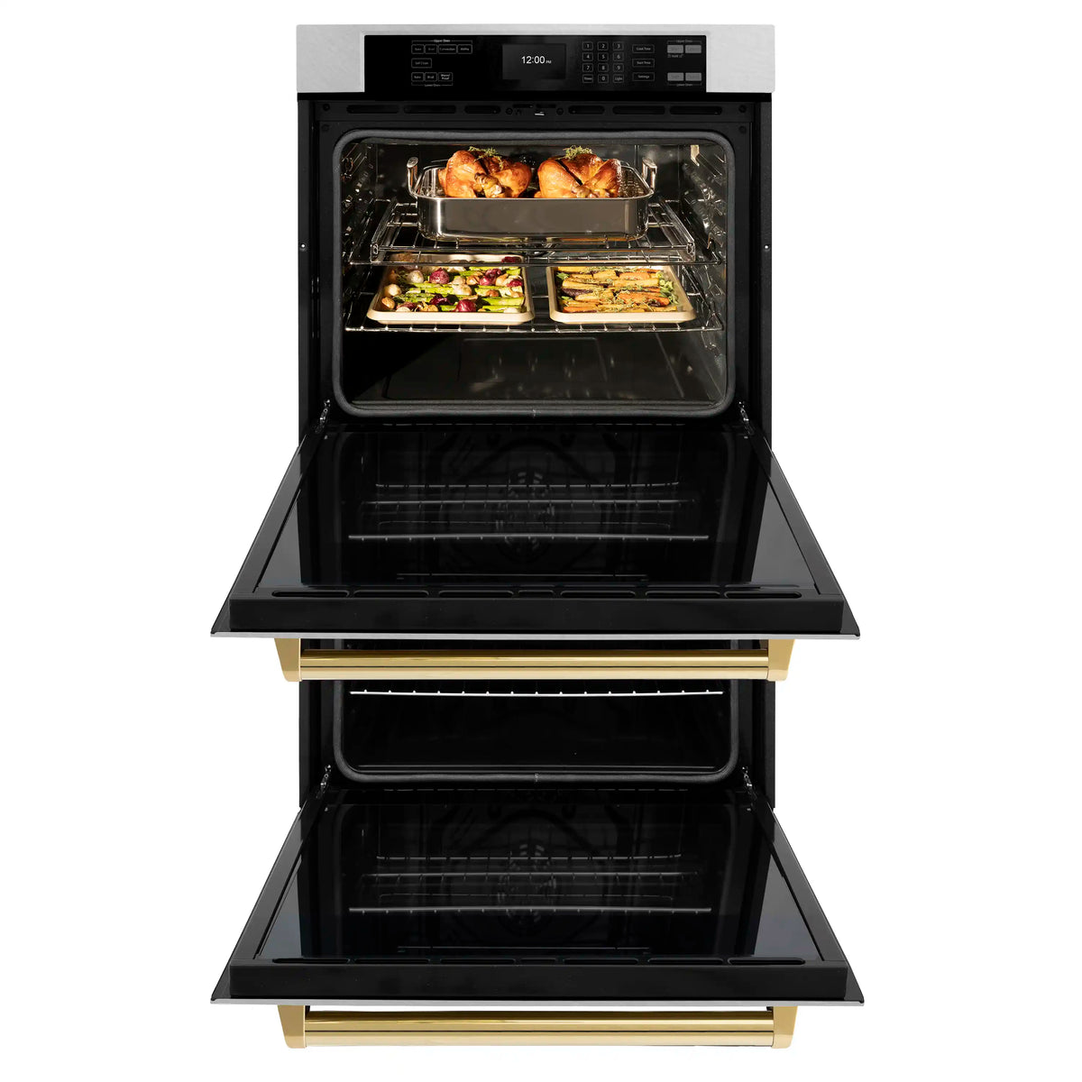 Built-in double wall oven with open upper and lower doors showing racks