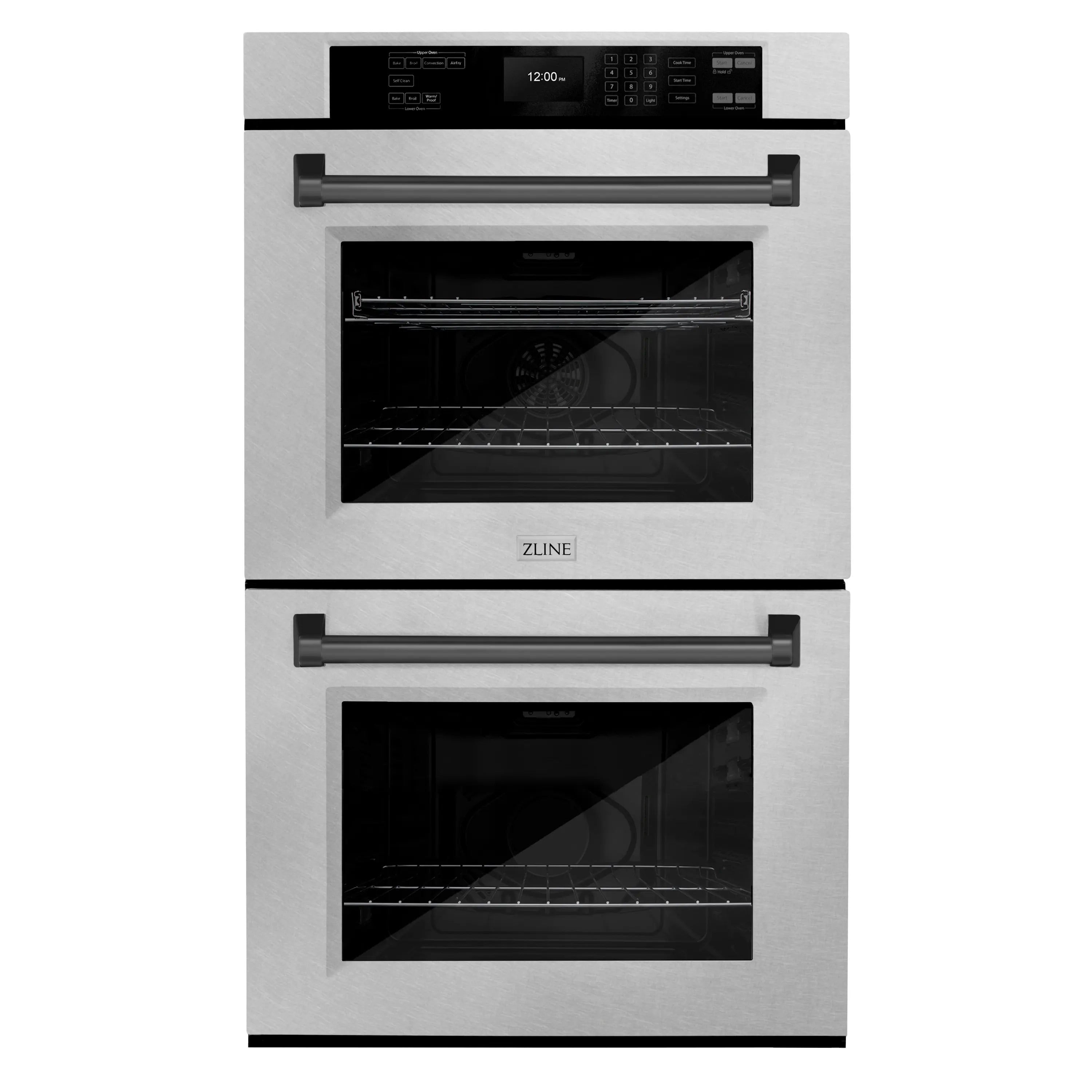Satin stainless double wall oven with both doors open and ZLINE logo
