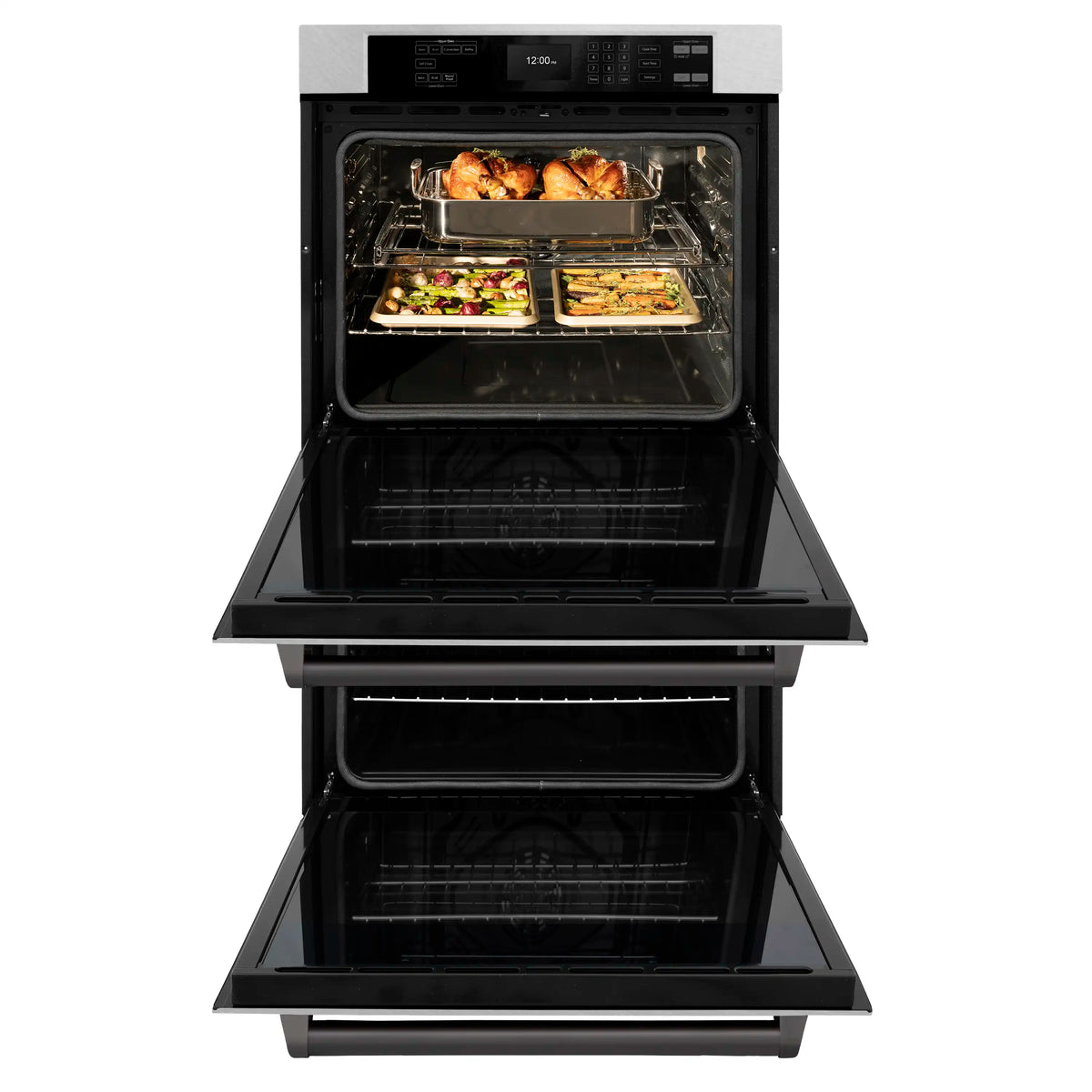 Open double wall oven with prepared meals on racks inside upper and lower cavities