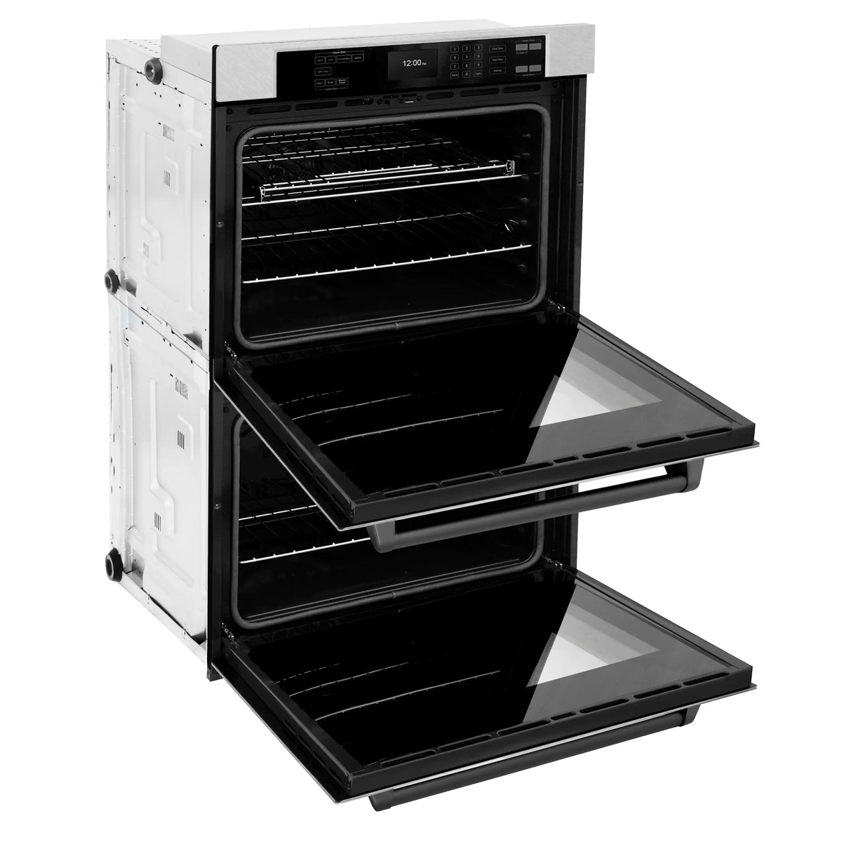Double wall oven with both doors open, revealing racks and black interior