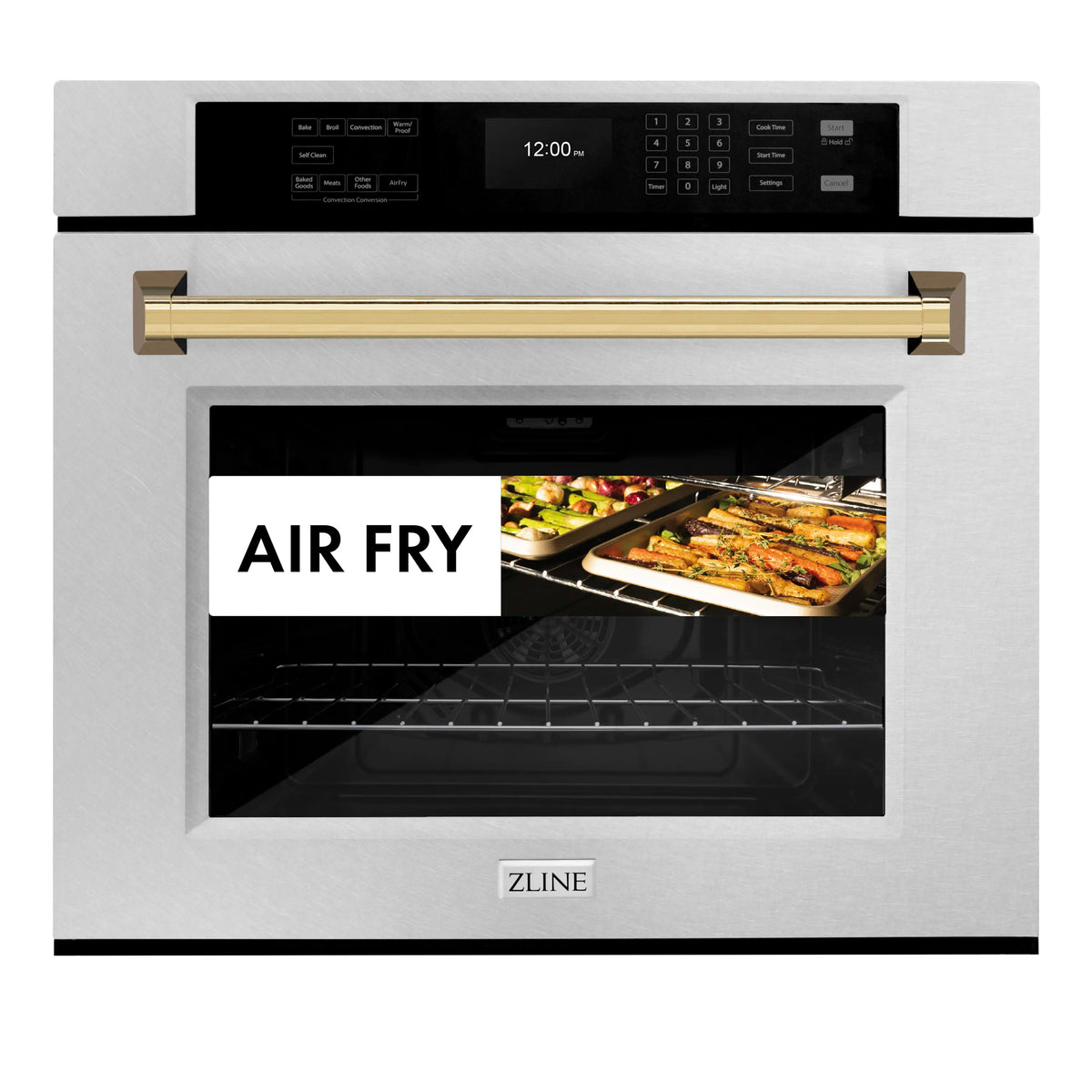 ZLINE 30-Inch Autograph Edition Professional True Convection Single Wall Oven with Air Fry and Self Clean in Satin Stainless Steel with Polished Gold Handle (WASSZ-30-G)