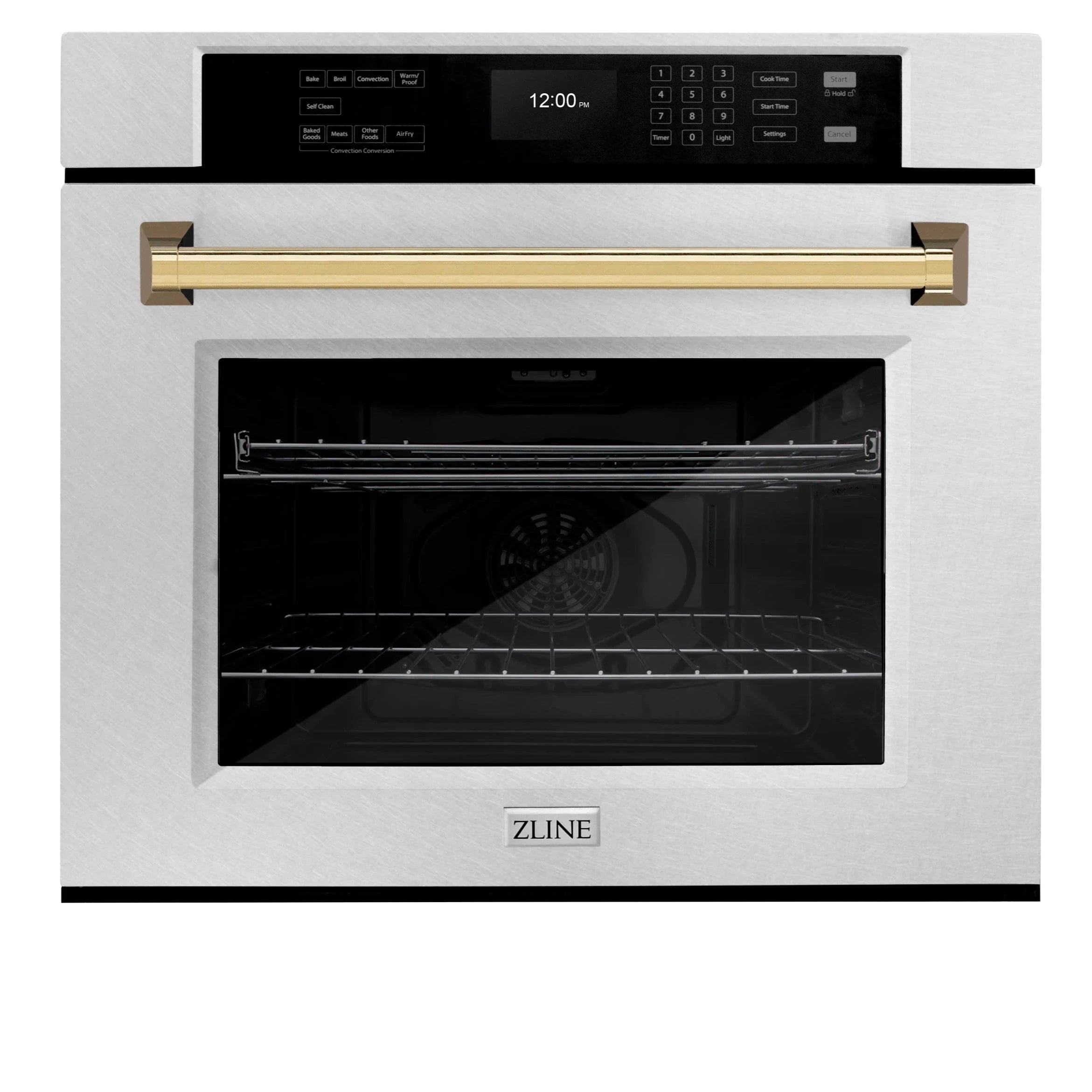 Wall oven front view with digital control panel, black door window, and gold trim handle