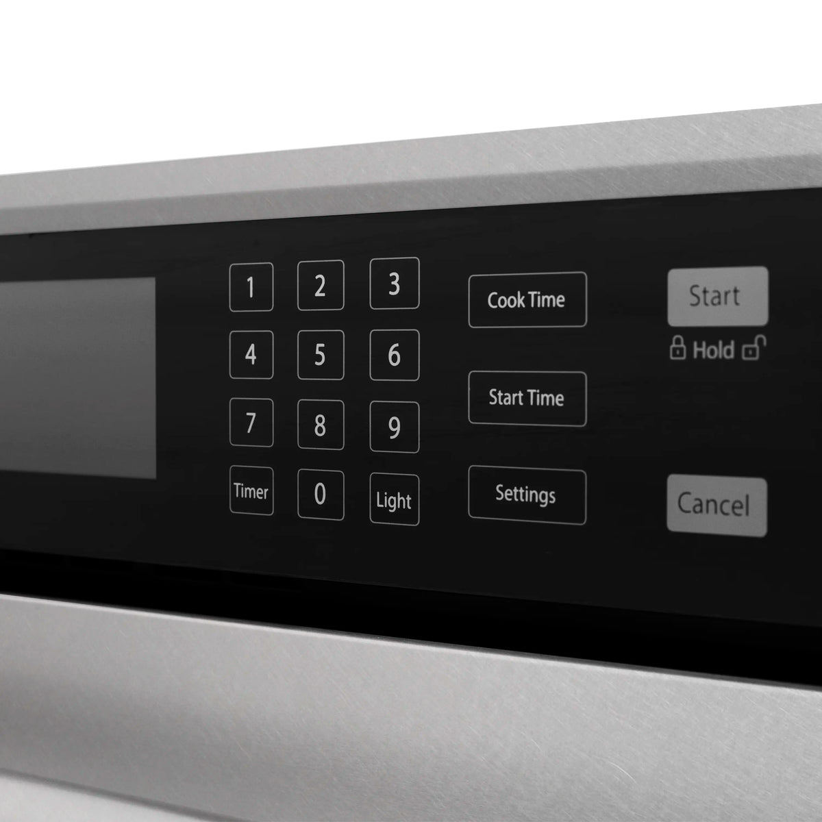 Stainless steel oven control panel with number keypad, Cook Time, and Start
