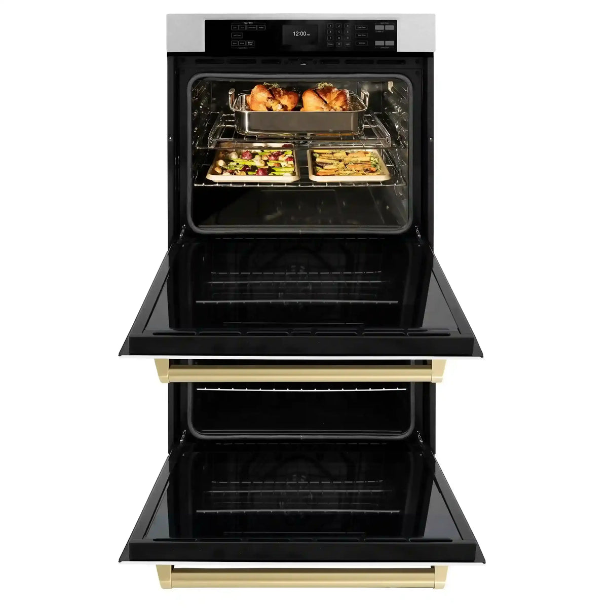 Double wall oven with upper and lower doors open, racks inside, bronze trim handles
